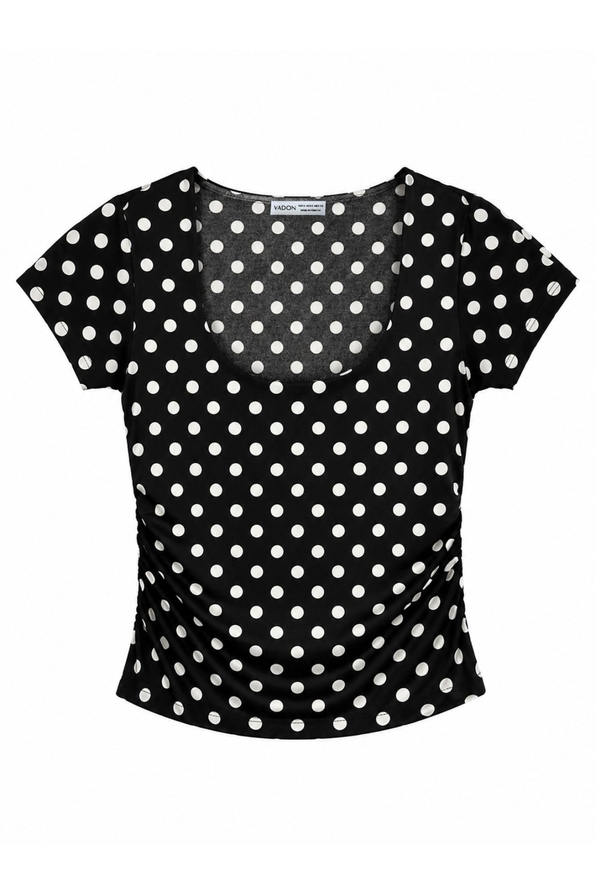 1004 Kadın Pamuklu Kare Yaka Puantiyeli Yan Büzgü Detaylı Crop T-Shirt Bluz Siyah