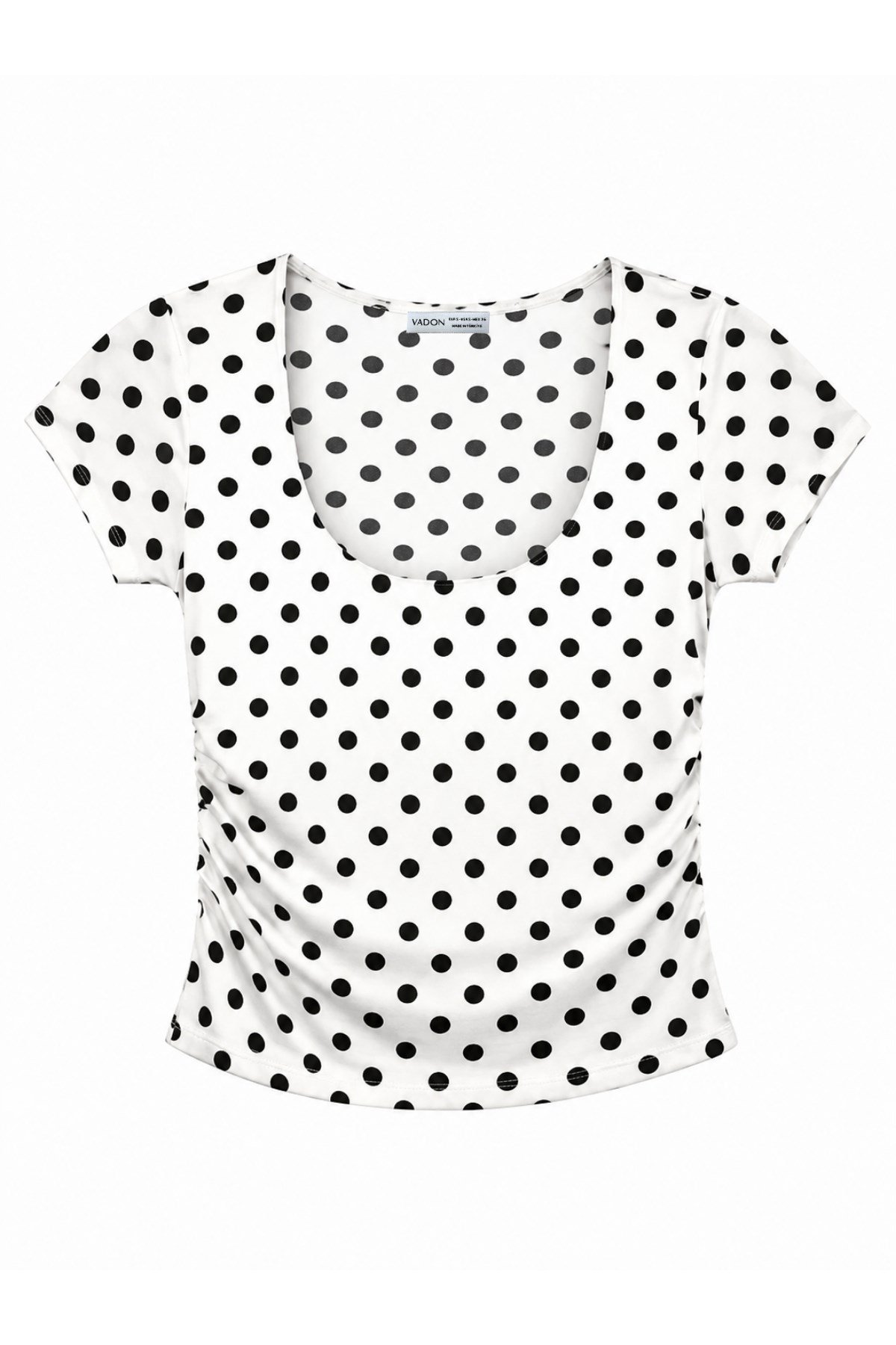 1004 Kadın Pamuklu Kare Yaka Puantiyeli Yan Büzgü Detaylı Crop T-Shirt Bluz Beyaz · 2