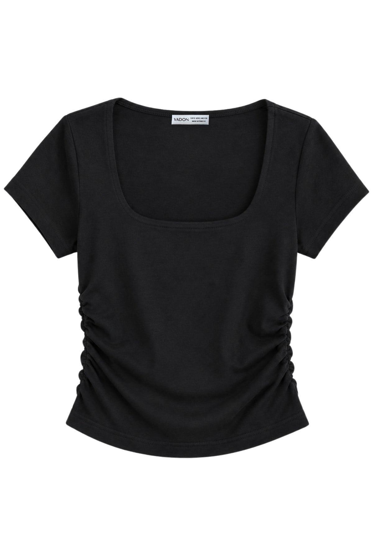 1006 Kadın Pamuklu Kare Yaka Yan Büzgü Detaylı Basic Crop T-Shirt Bluz Siyah