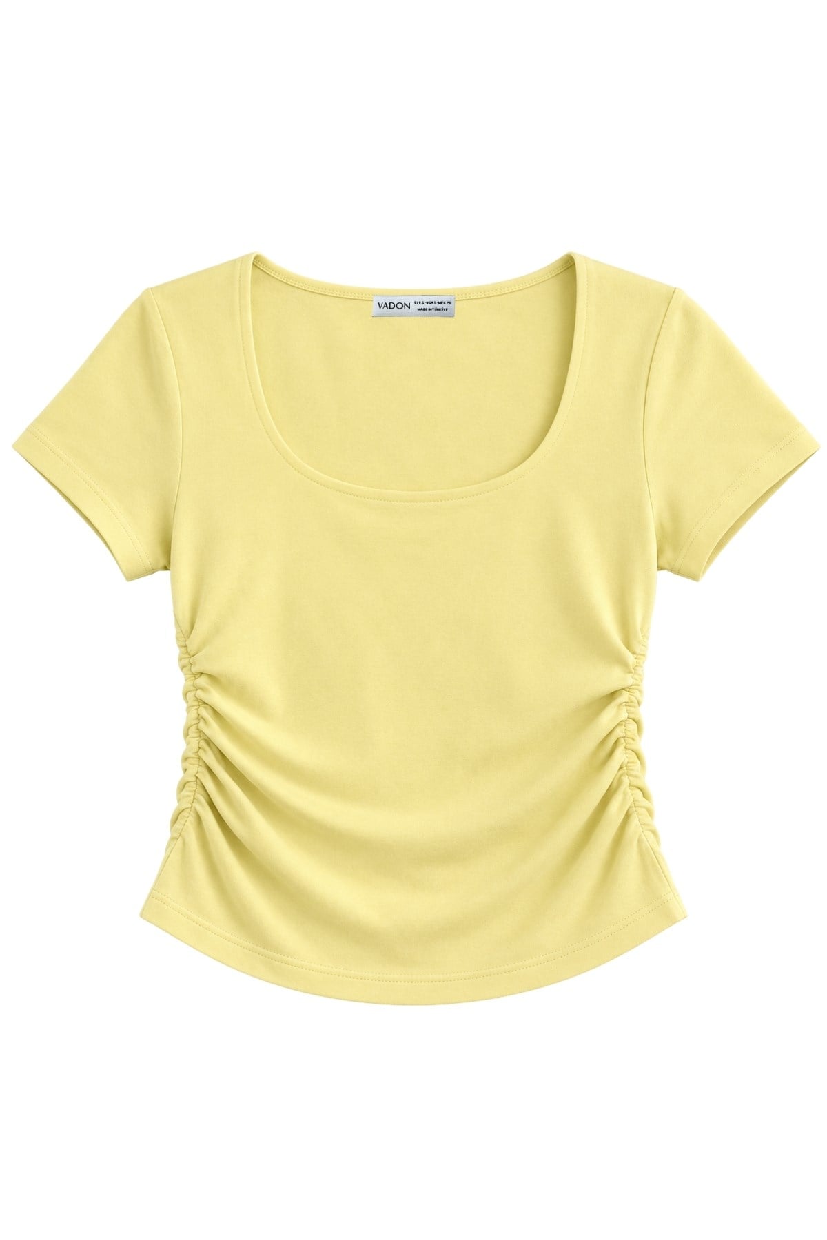 1006 Kadın Pamuklu Kare Yaka Yan Büzgü Detaylı Basic Crop T-Shirt Bluz Tereyağı Sarısı