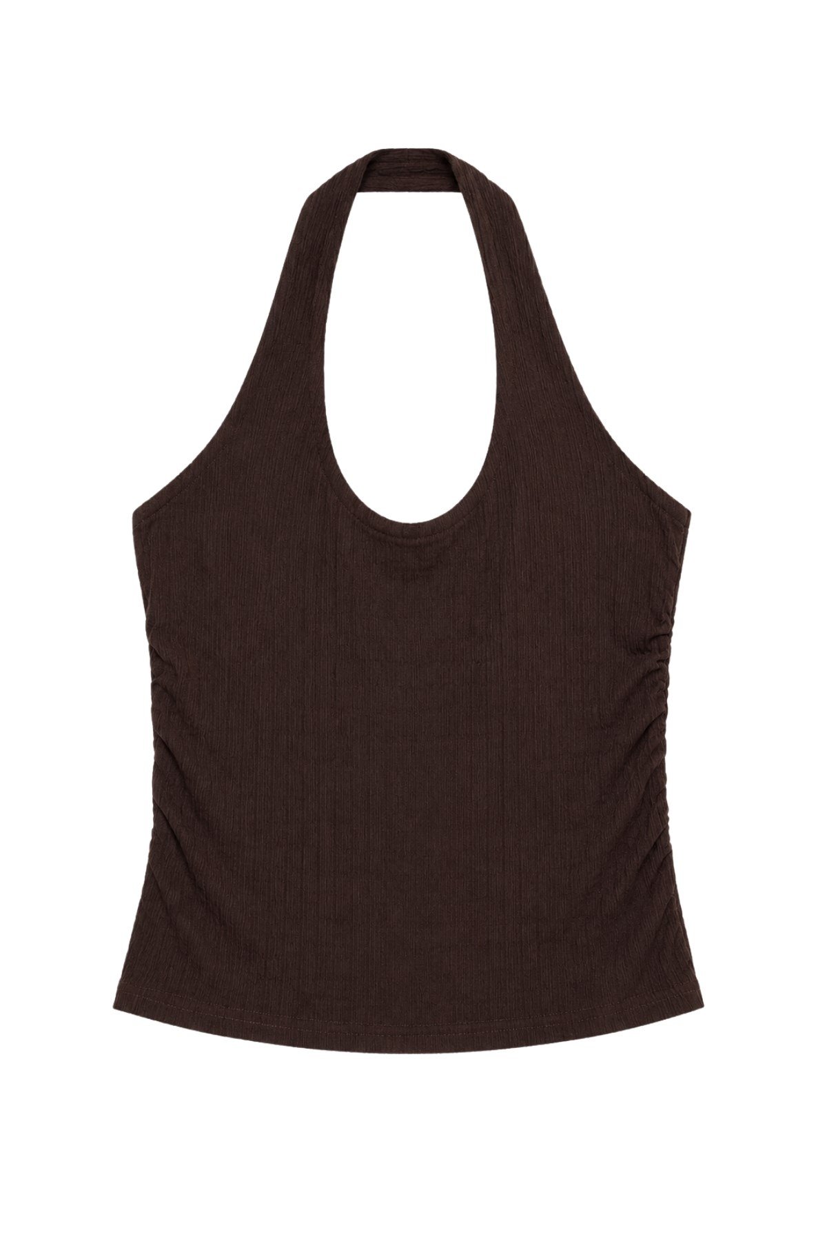 1010 Kadın Bürümcük Dokulu Halter Yaka Crop Atlet Bol Paça Pantolon Takım Kahverengi · 3