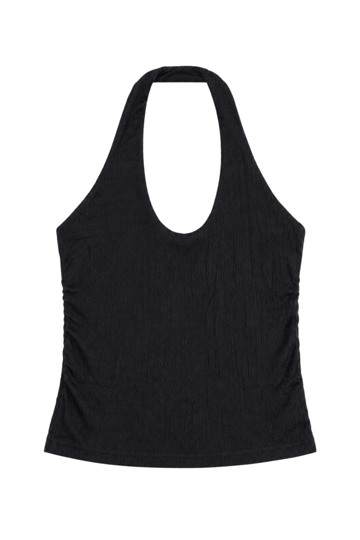 1010 Kadın Bürümcük Dokulu Halter Yaka Crop Atlet Bol Paça Pantolon Takım Siyah · 2