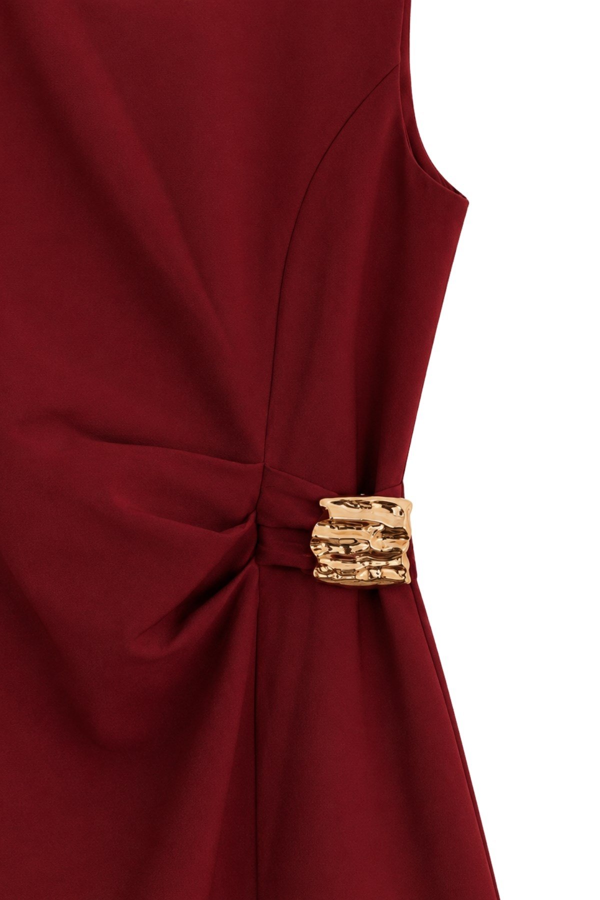 1020 Kadın Gold Toka Detaylı Yanı Büzgülü Midi Elbise Bordo · 3