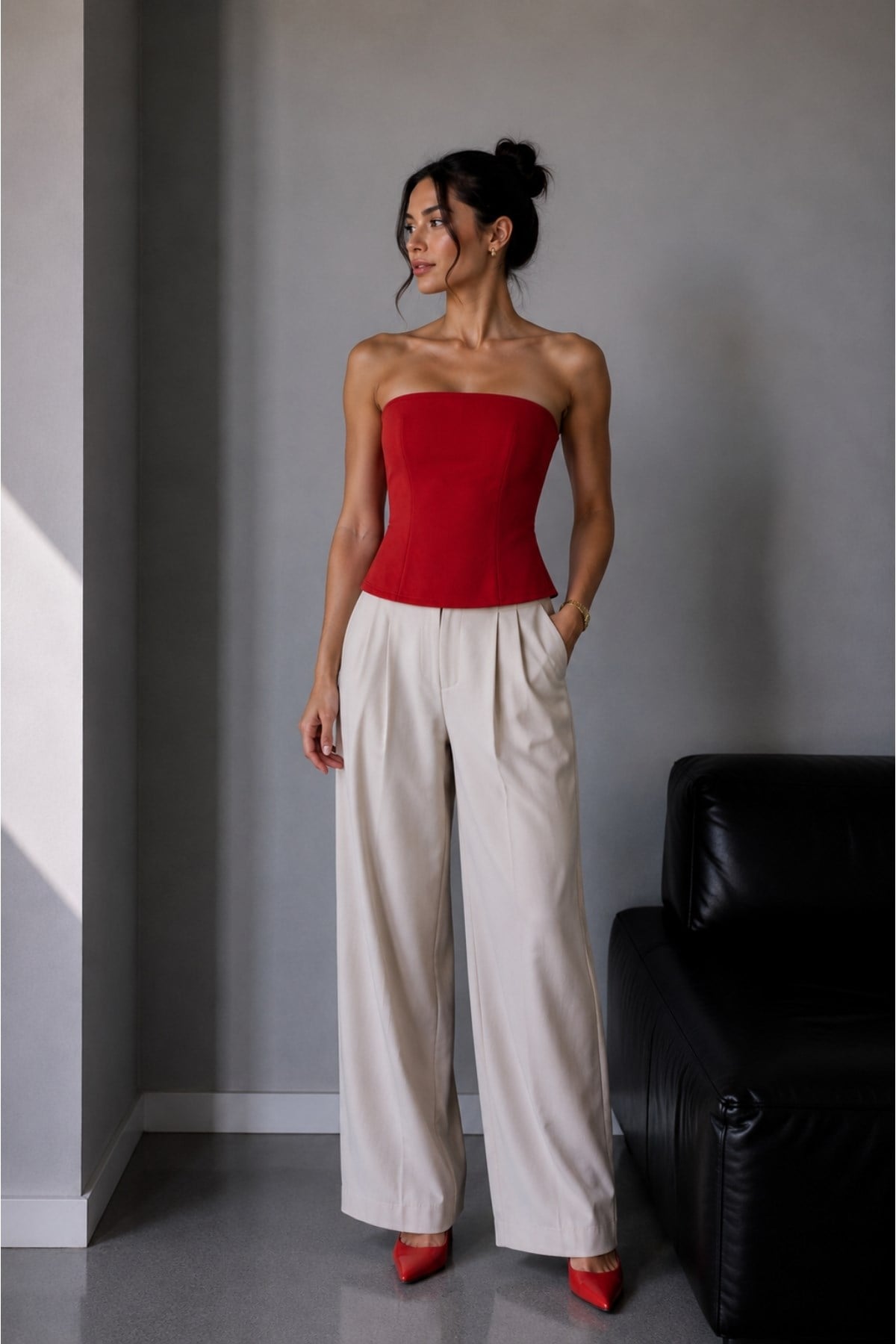 1022 Kadın Straplez Fit Kısa Bluz Kırmızı