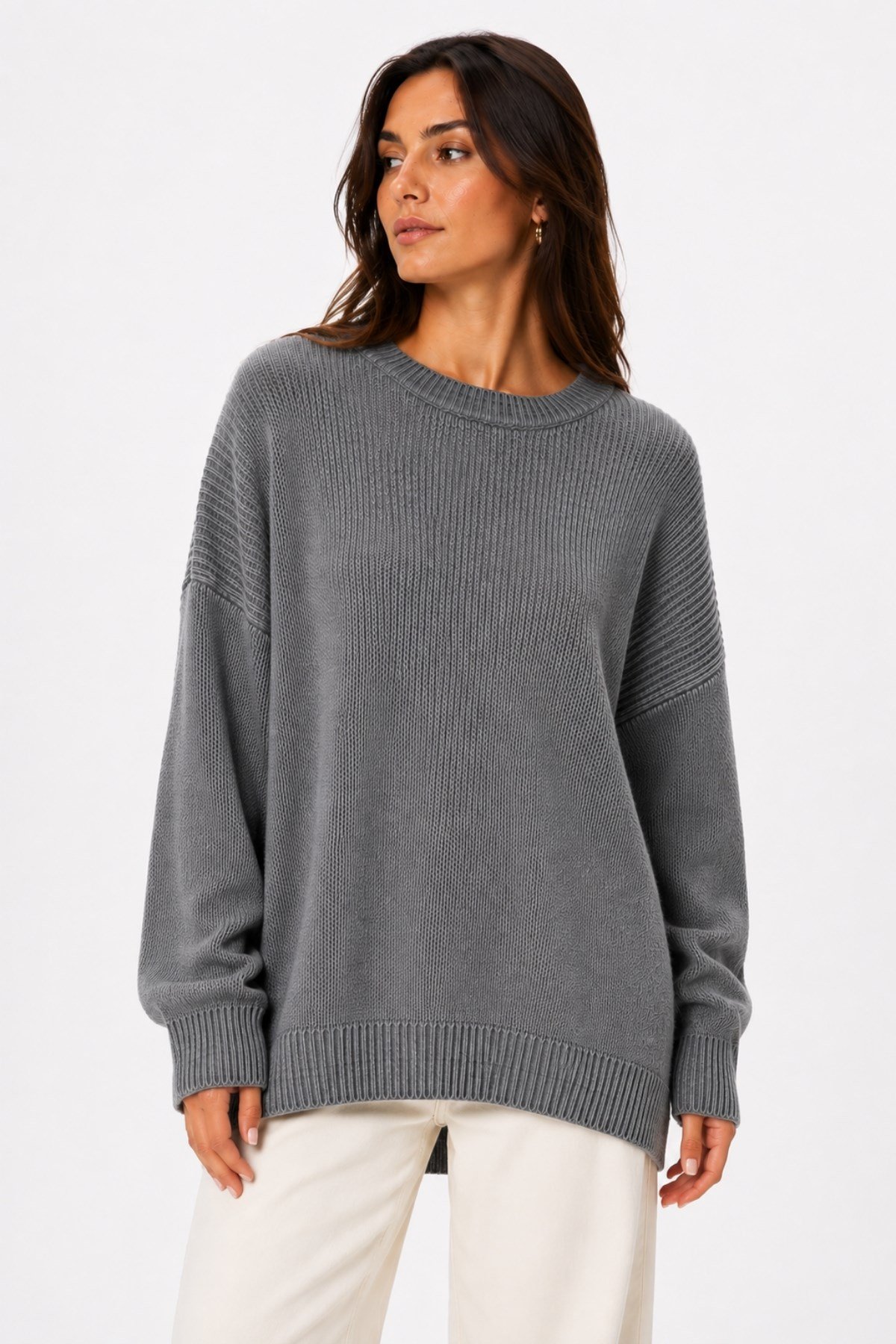 1039 Kadın Salaş Yumuşak Dokulu Oversize Basic Triko Kazak Antrasit