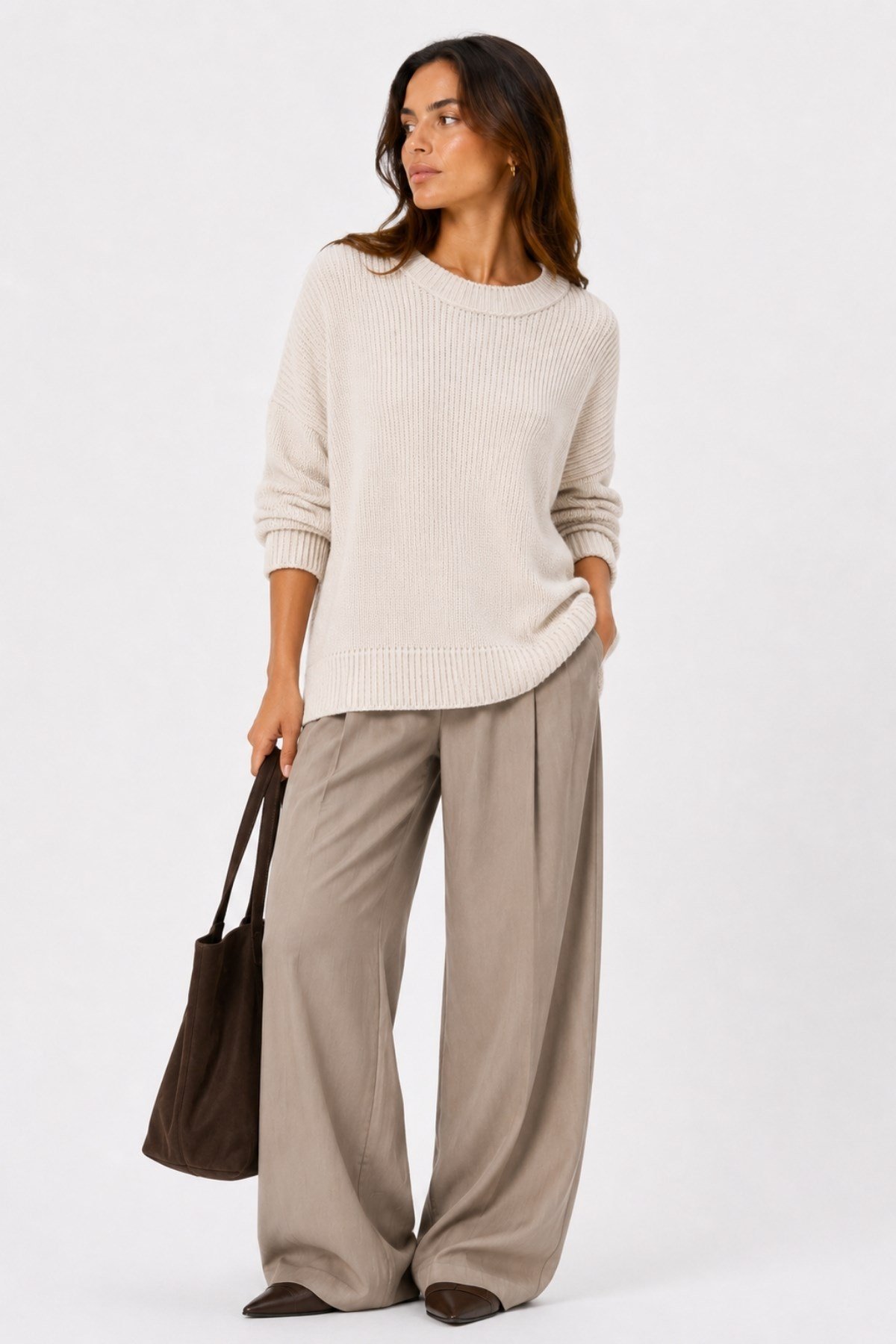 1039 Kadın Salaş Yumuşak Dokulu Oversize Basic Triko Kazak Bej