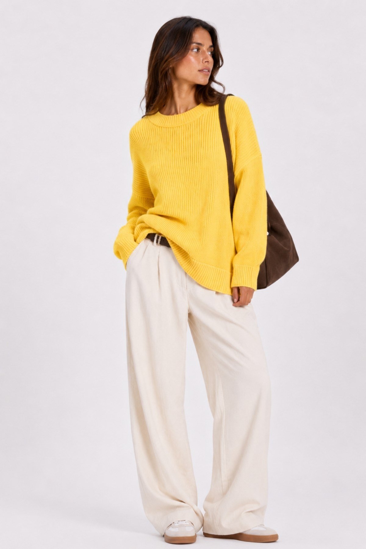 1039 Kadın Salaş Yumuşak Dokulu Oversize Basic Triko Kazak Sarı