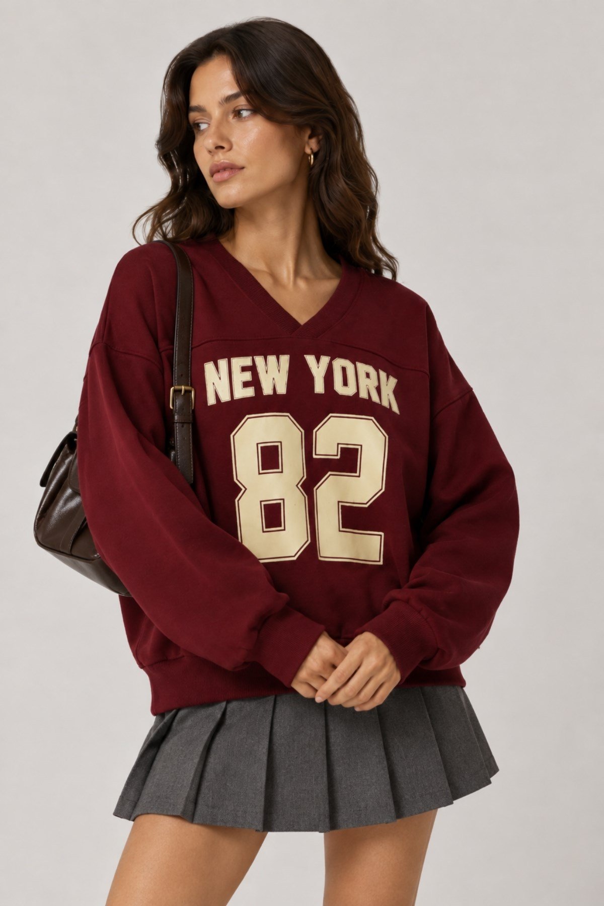 1046 Kadın V Yaka New York Baskılı 3 İplik Pamuklu Sweatshirt Bordo