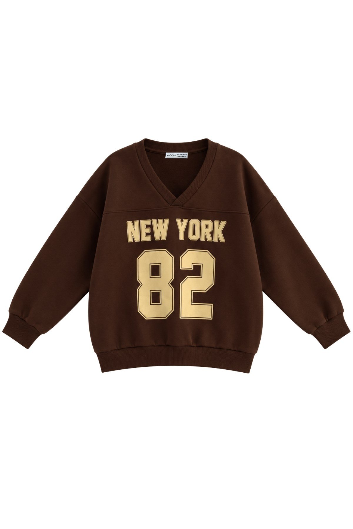 1046 Kadın V Yaka New York Baskılı 3 İplik Pamuklu Sweatshirt Kahverengi · 2