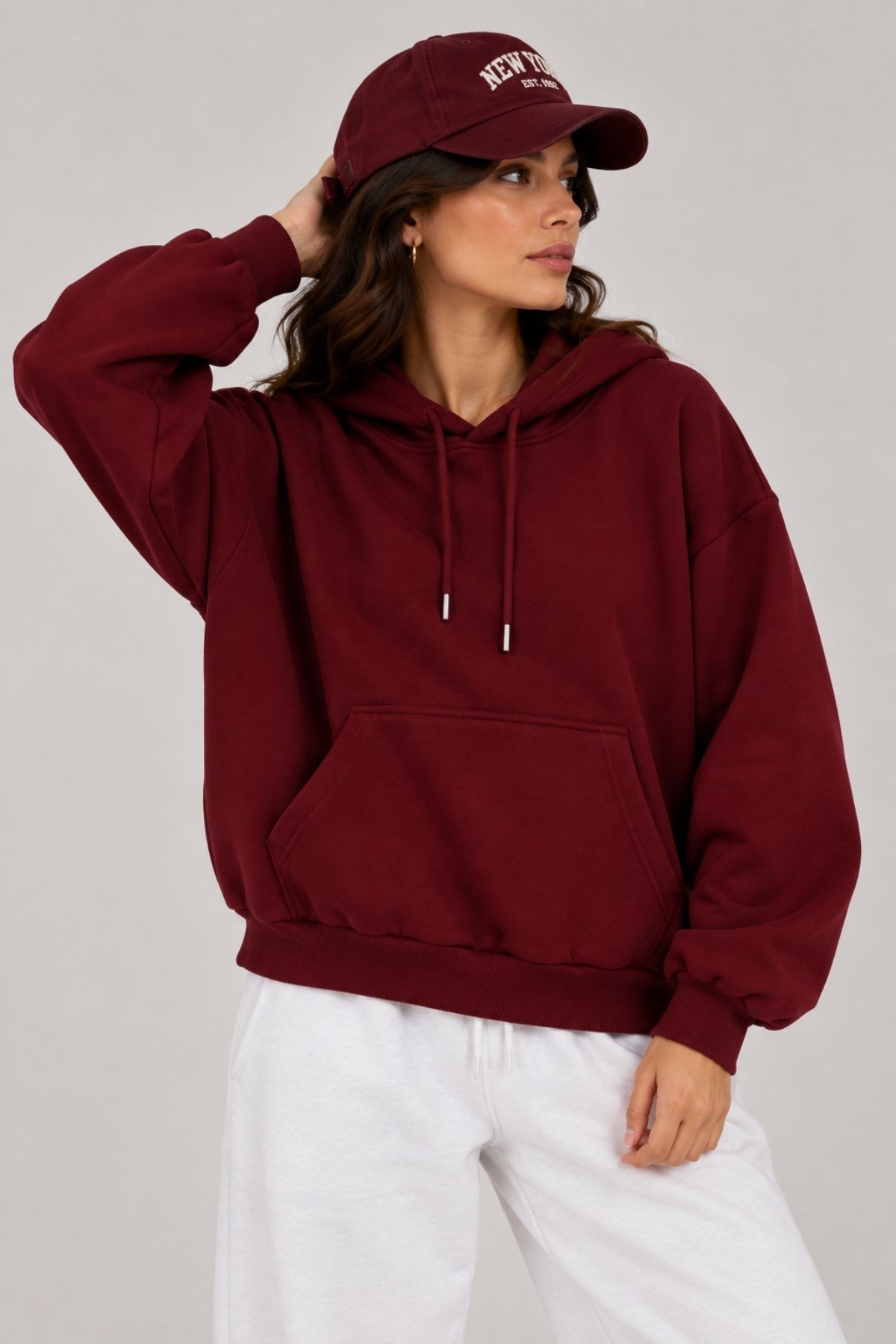 1047 Kadın Kapüşonlu Kanguru Cepli 3 İplik Pamuklu Sweatshirt Bordo