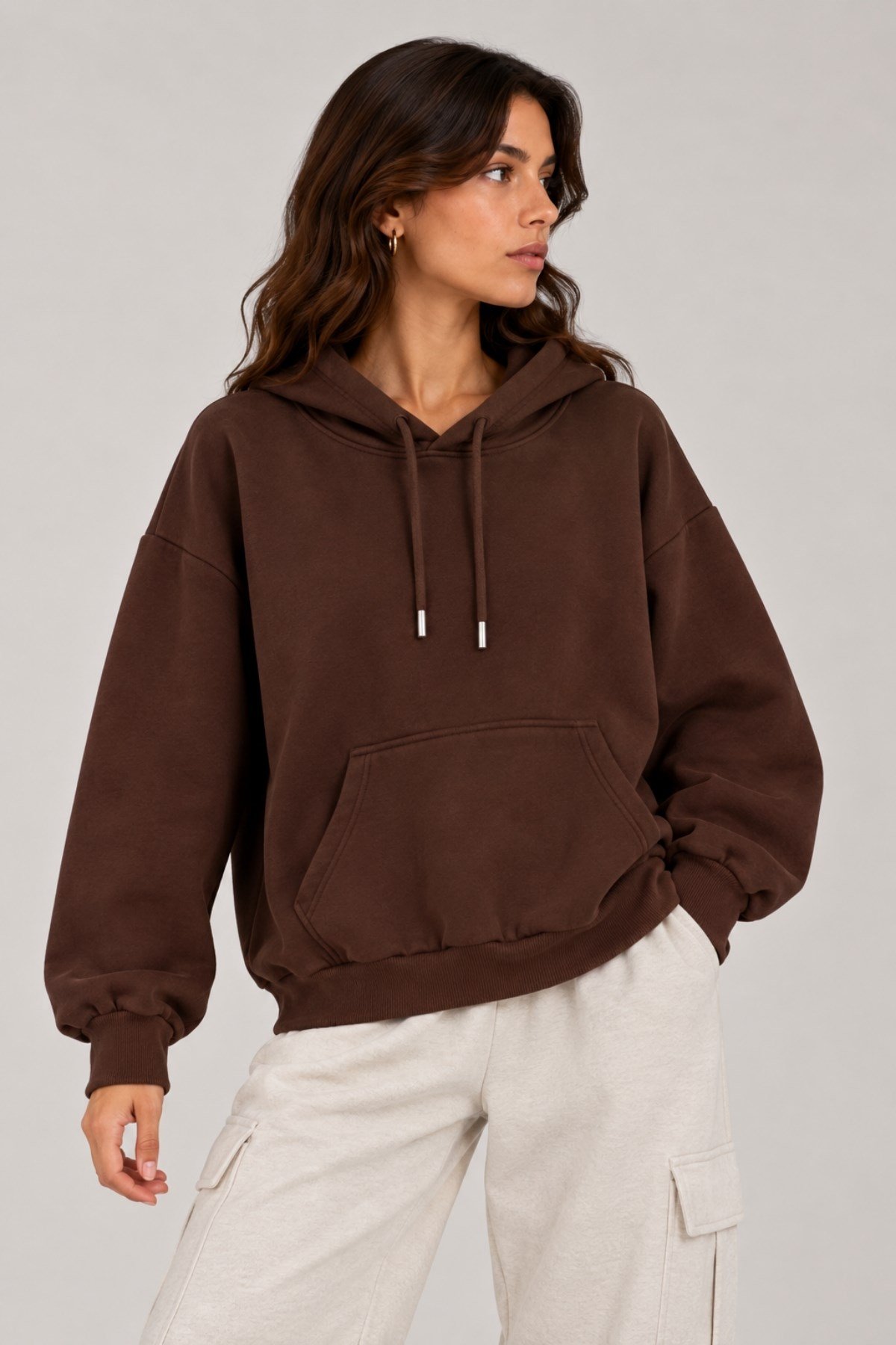 1047 Kadın Kapüşonlu Kanguru Cepli 3 İplik Pamuklu Sweatshirt Kahverengi