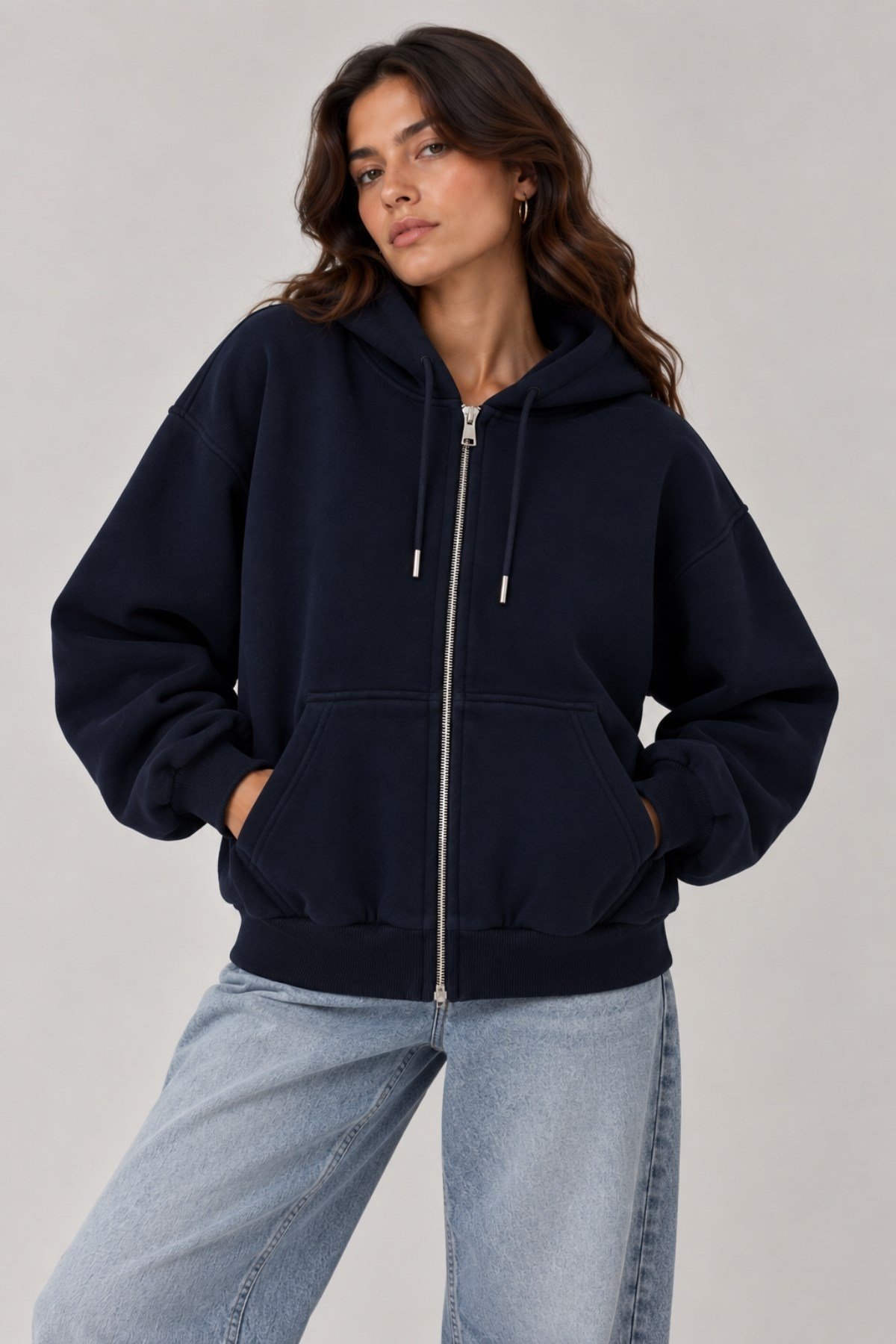 1048 Kadın Fermuarlı Kapüşonlu Kanguru Cepli 3 İplik Pamuklu Sweatshirt Lacivert