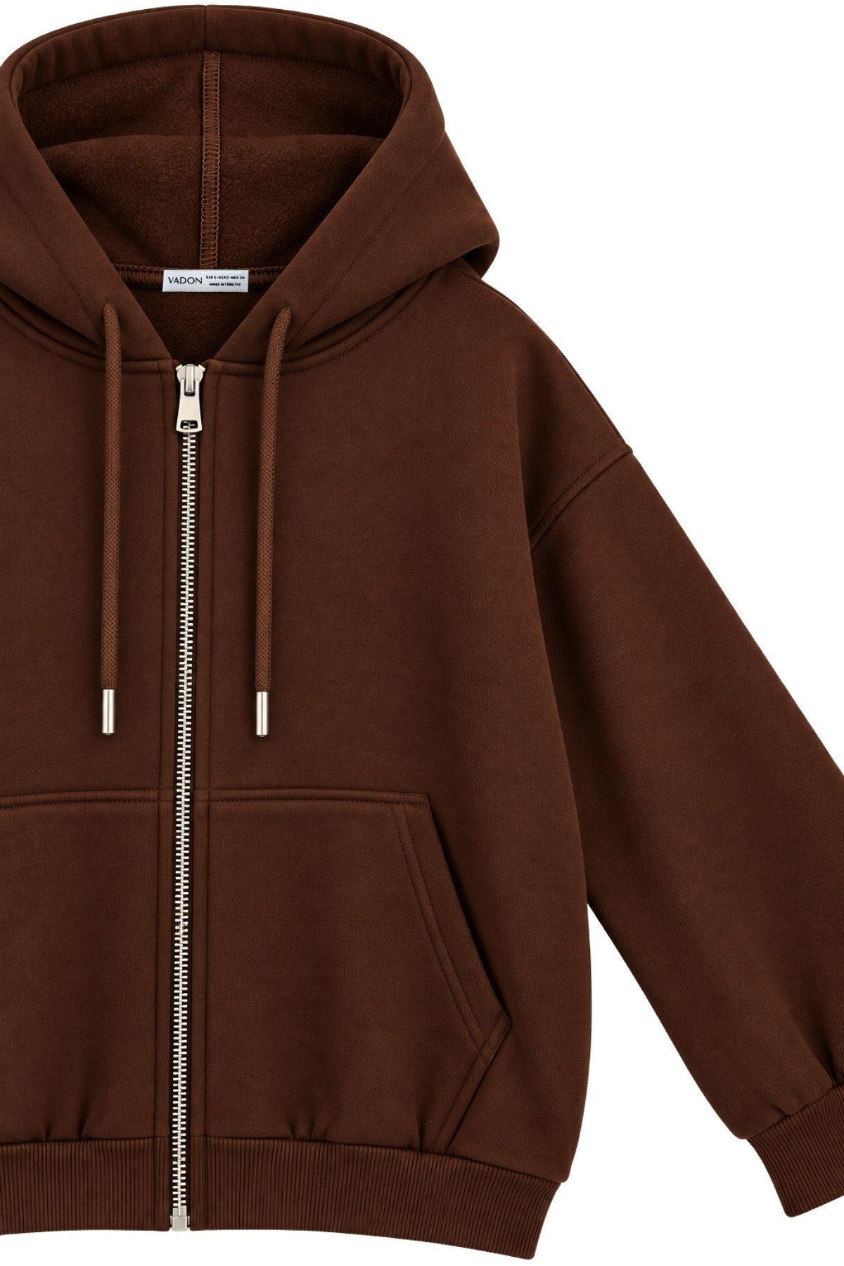 1048 Kadın Fermuarlı Kapüşonlu Kanguru Cepli 3 İplik Pamuklu Sweatshirt Kahverengi · 3