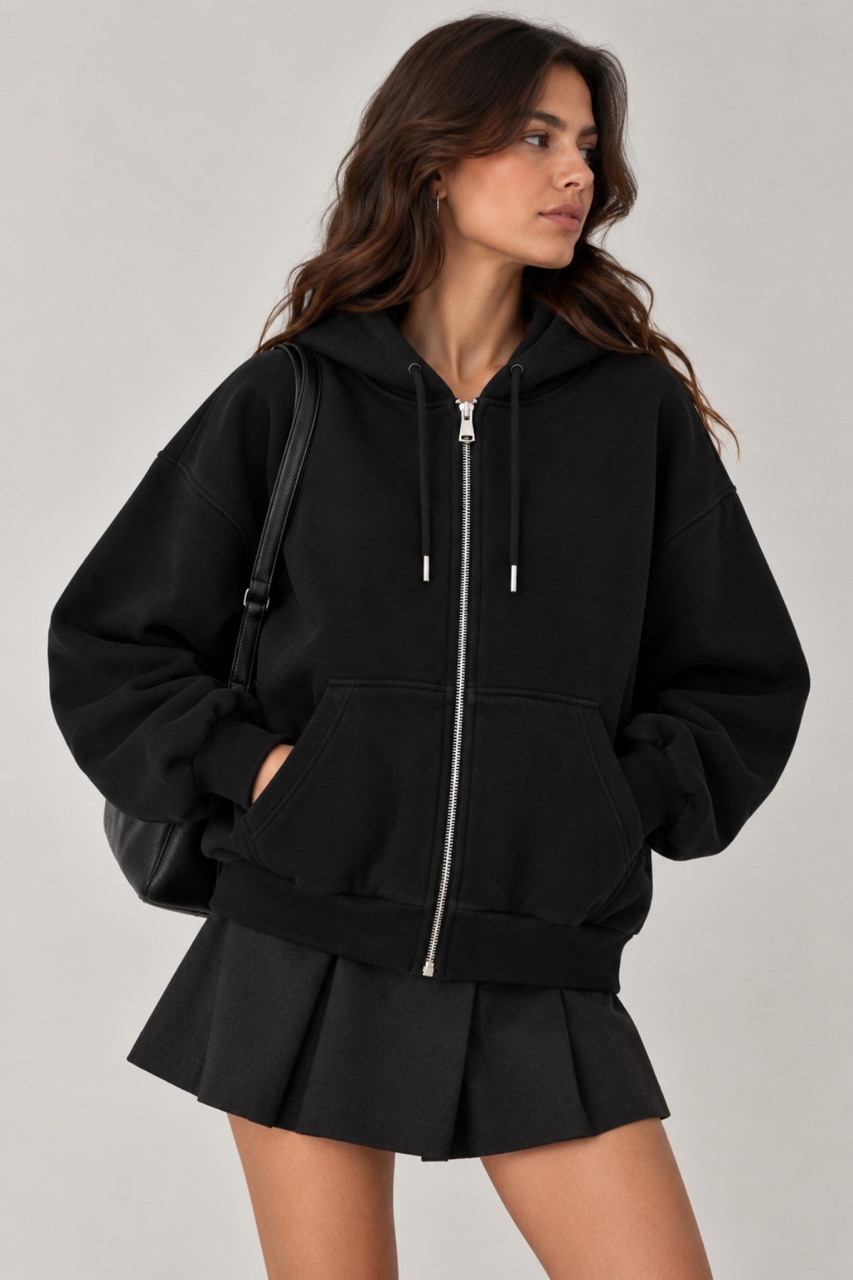 1048 Kadın Fermuarlı Kapüşonlu Kanguru Cepli 3 İplik Pamuklu Sweatshirt Siyah