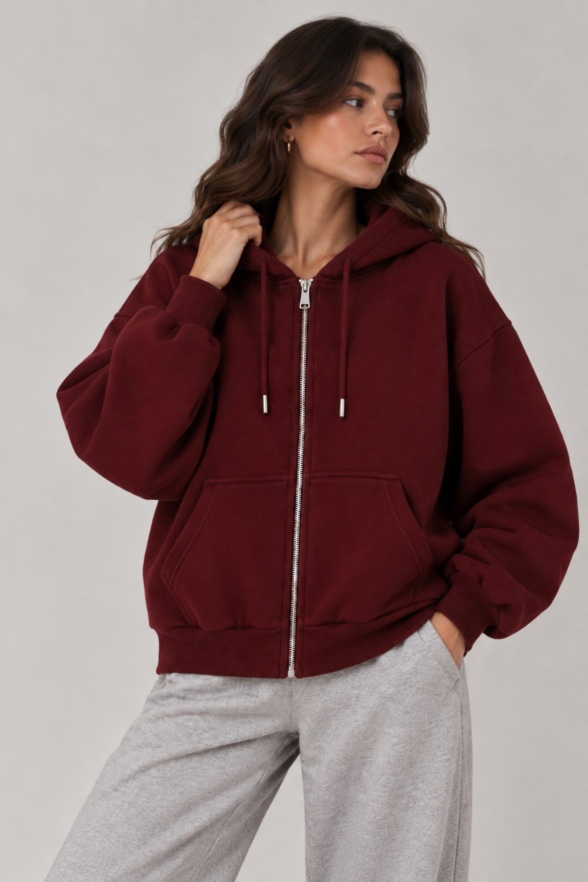 1048 Kadın Fermuarlı Kapüşonlu Kanguru Cepli 3 İplik Pamuklu Sweatshirt Bordo