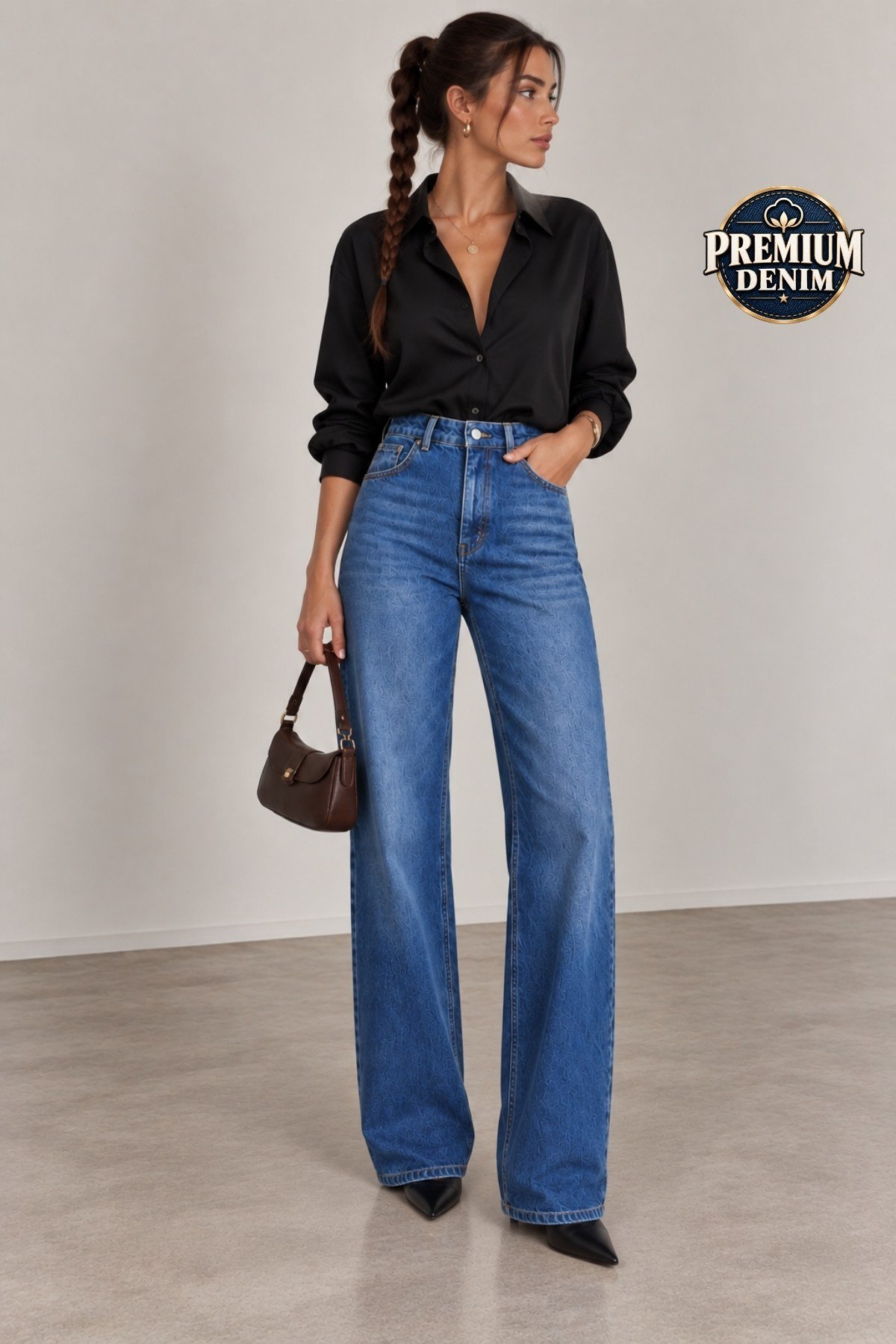 1055 Kadın Yüksek Bel Kar Yıkamalı Wide Leg Geniş Paça Jean Pantolon Koyu Mavi