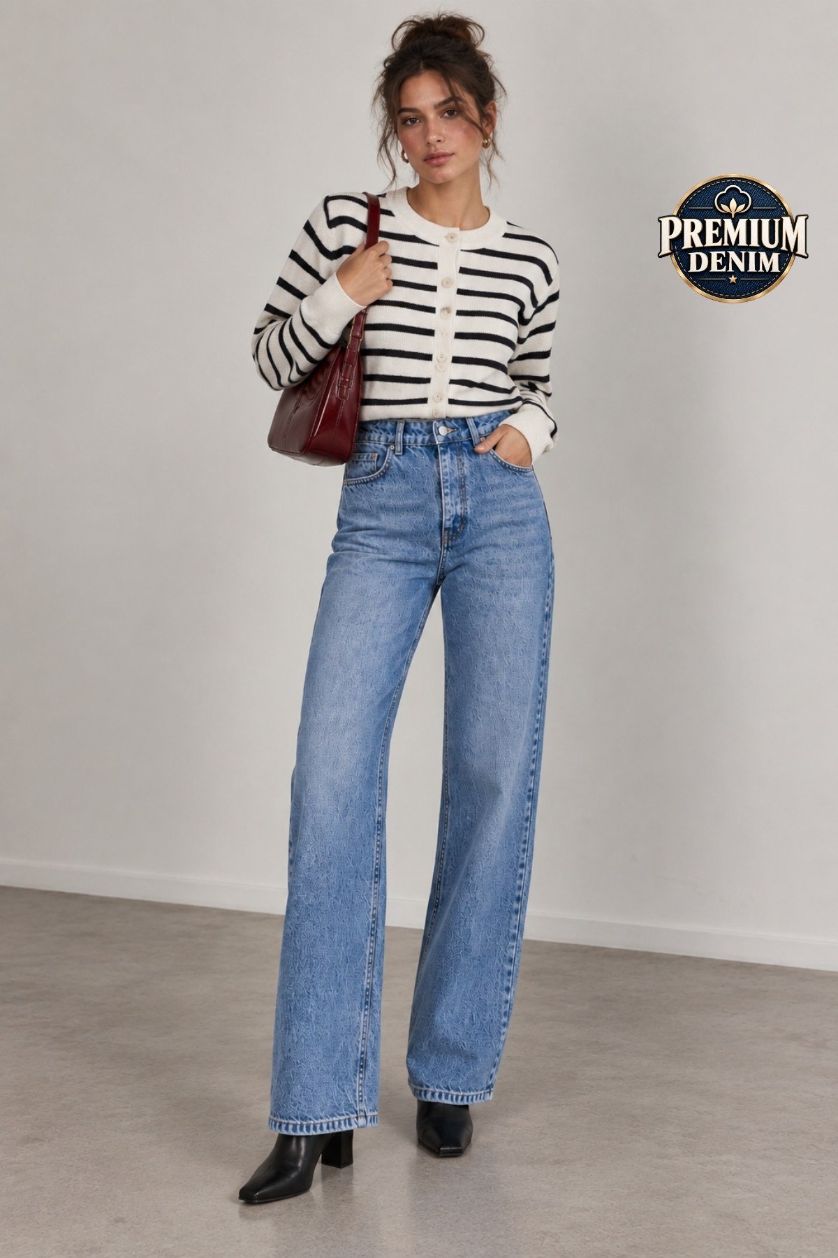 1055 Kadın Yüksek Bel Kar Yıkamalı Wide Leg Geniş Paça Jean Pantolon Mavi