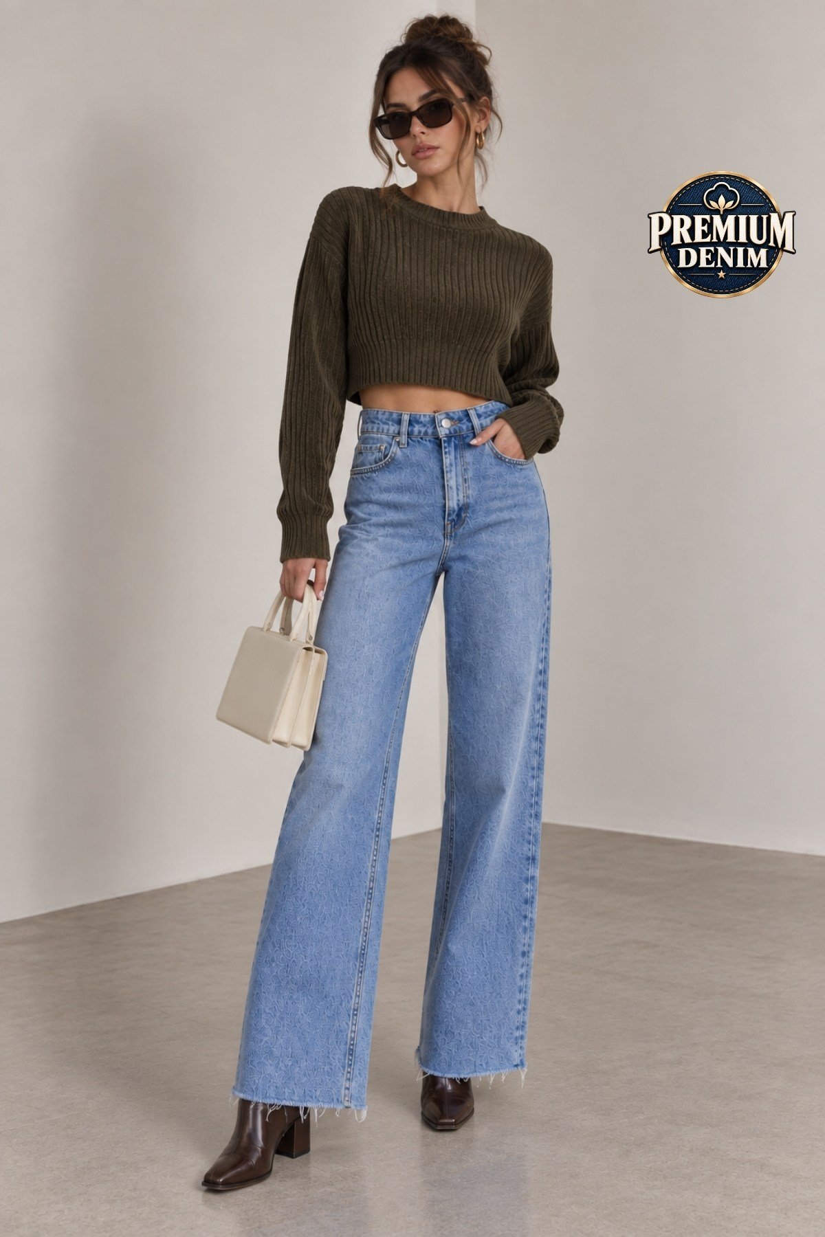 1056 Kadın Yüksek Bel Pis Paça Wide Leg Jean Pantolon Mavi