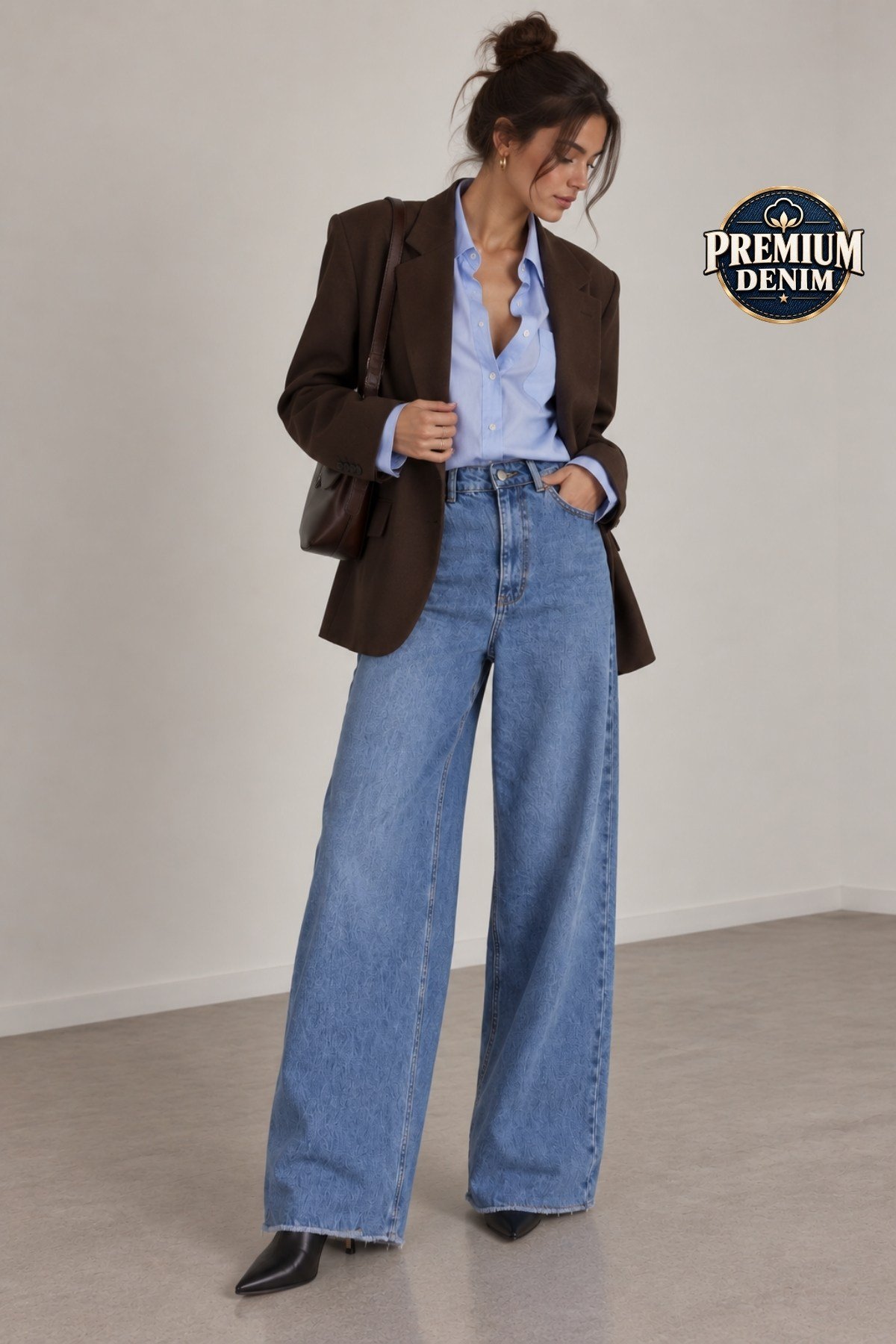 1057 Kadın Yüksek Bel Pis Geniş Paça Wide Leg Jean Pantolon Mavi