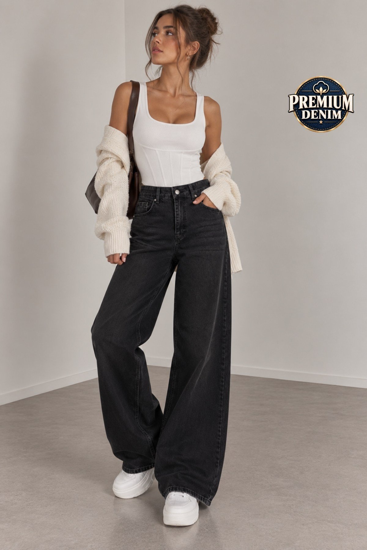 1058 Kadın Yüksek Bel Baggy Fit Jean Pantolon Siyah