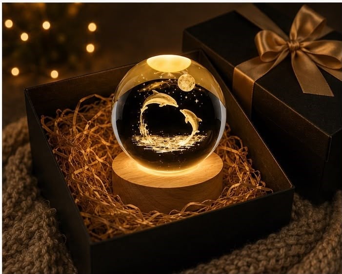 3D Yunus Figürlü Kristal Küre LED Gece Lambası Ahşap Standlı USB Dekoratif Masa Lambası