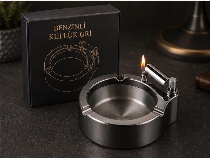 Benzin Bidonu Tasarımlı Metal Küllük Gri Renk Kapaklı Masaüstü Dekoratif Küllük