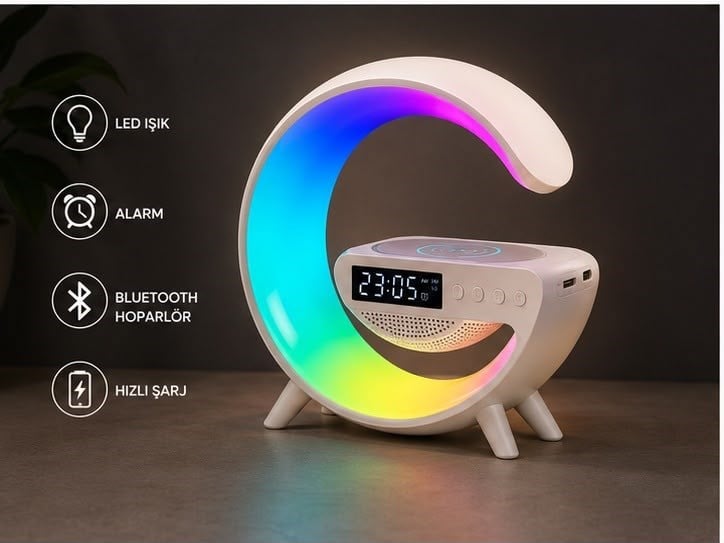 G63 Bluetooth Hoparlör | RGB LED Masa Lambası Alarm Saatli Kablosuz Şarj