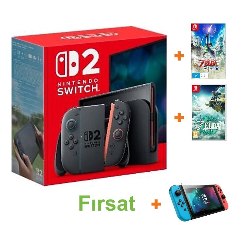Nintendo Switch 2 Oyun Konsolu + Nintendo Switch The Legend Of Zelda Skyward Sword HD Oyun + Nintendo Switch The Legend Of Zelda Tears Of The Kingdom Oyun + Nintendo Switch 2 Temperli Cam 9h Ekran Koruyucu