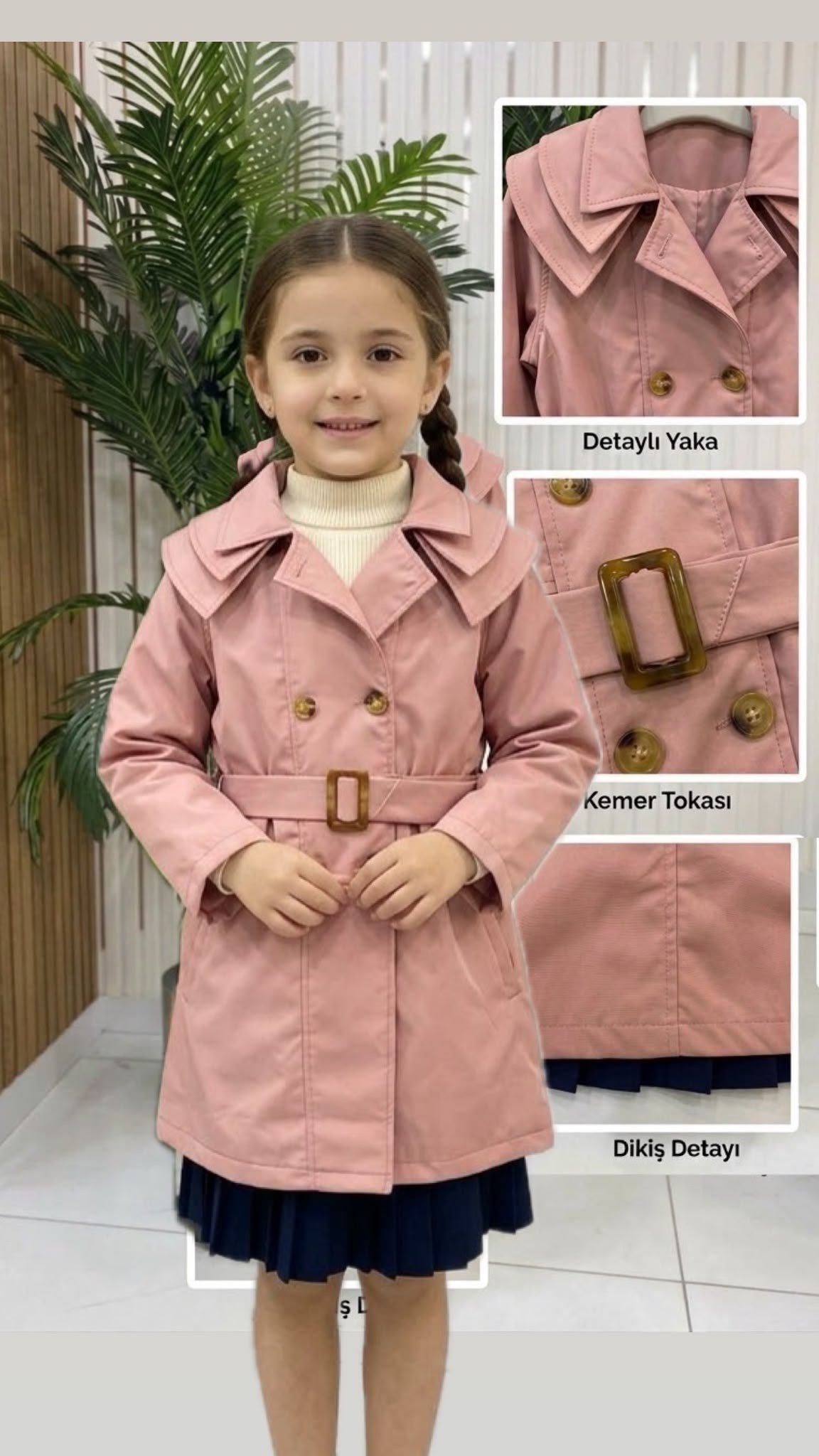Kız Çocuk Pudra Pembe Kemer Detaylı Trençkot