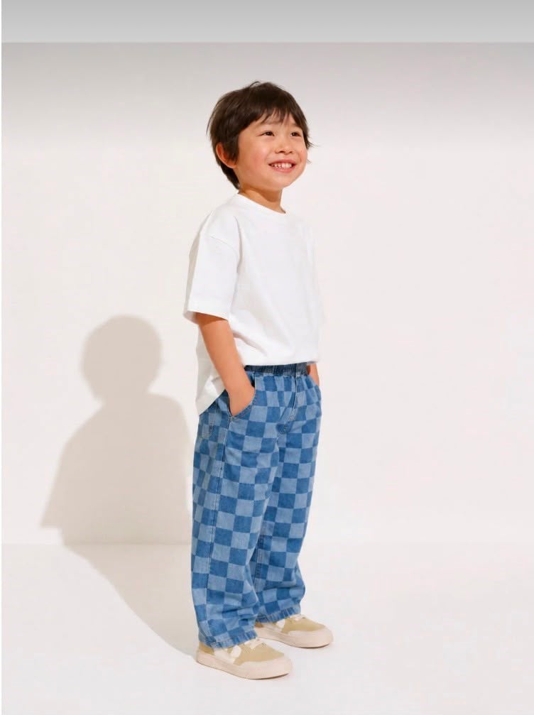 Unisex Mavi Kareli Desenli Bol Paça Çocuk Jean Pantolon 