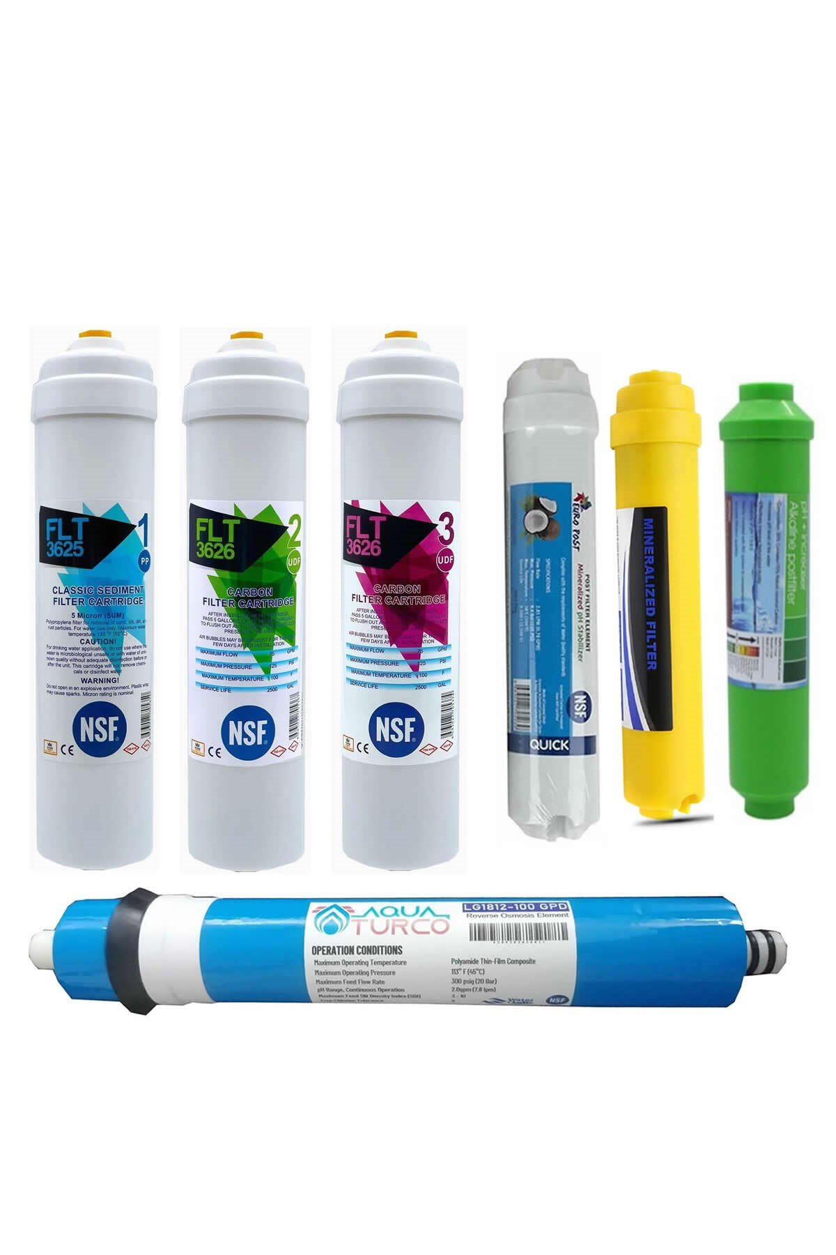 Su Arıtma Cihazı Filtresi NSF Onaylı 7'li AQUATURCO Membranlı Set 100 GPD