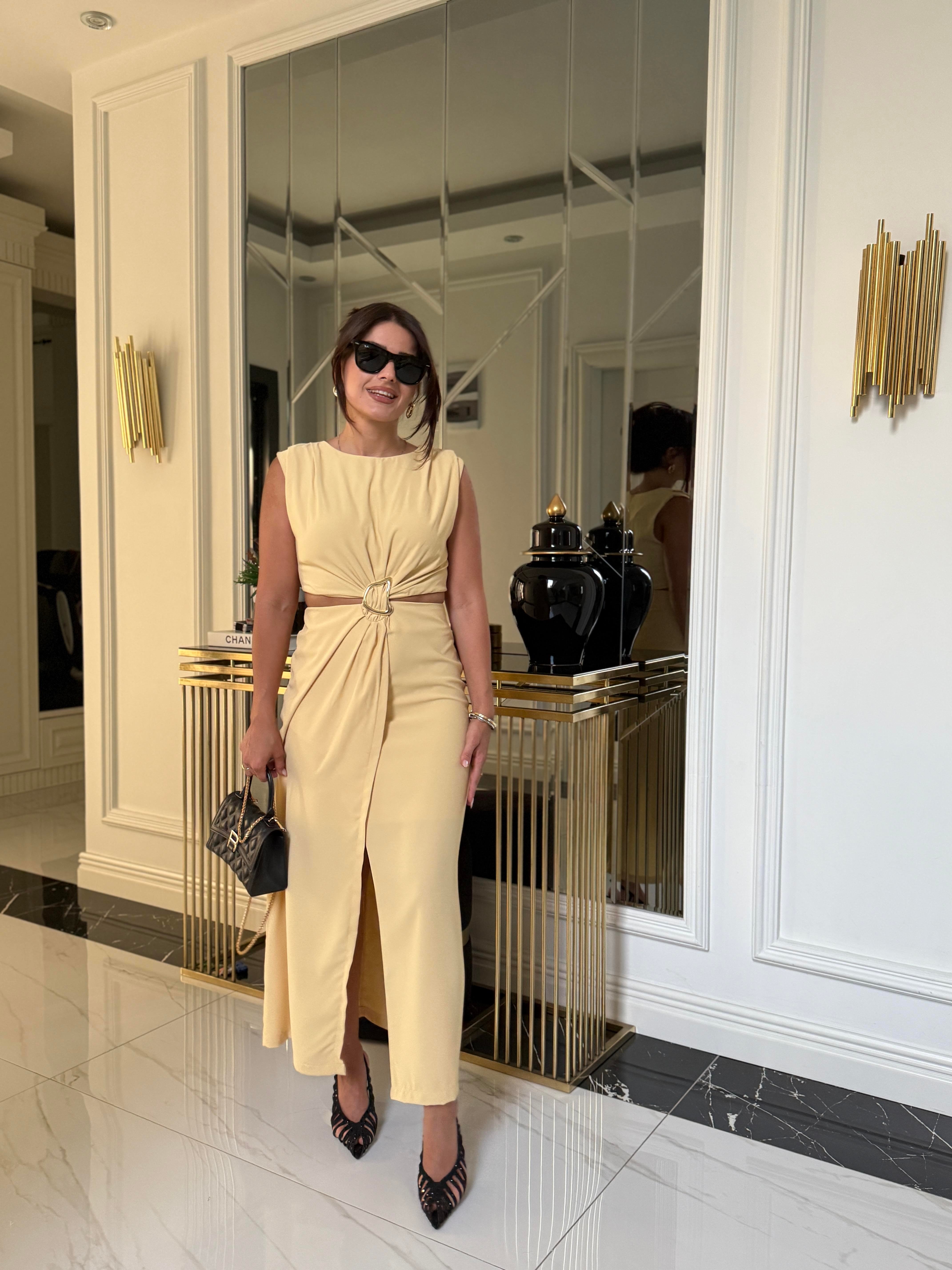 Açık Sarı Gold Tokalı Elbise