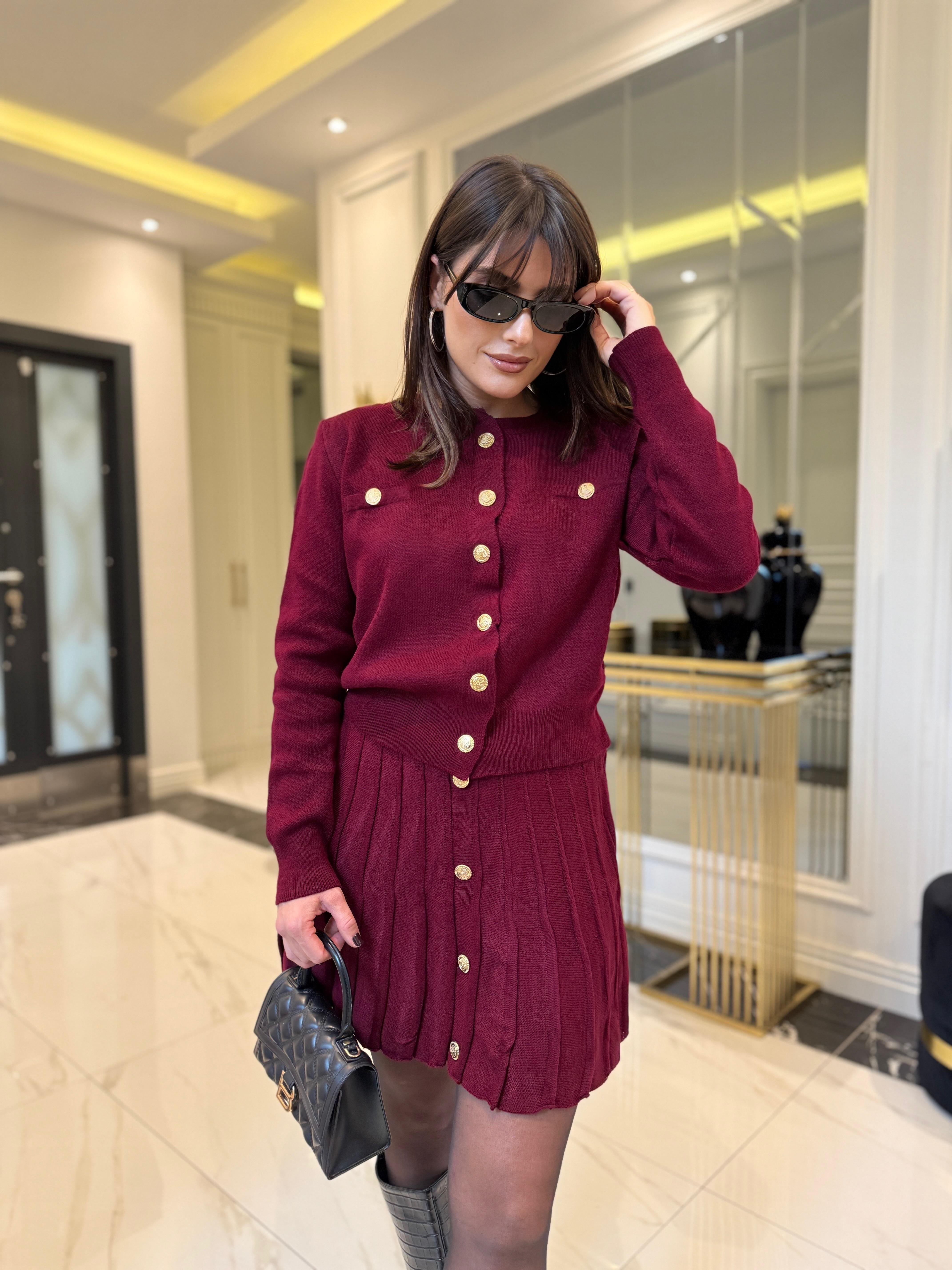 Bordo Gold Düğmeli Hırka Etek Takım 