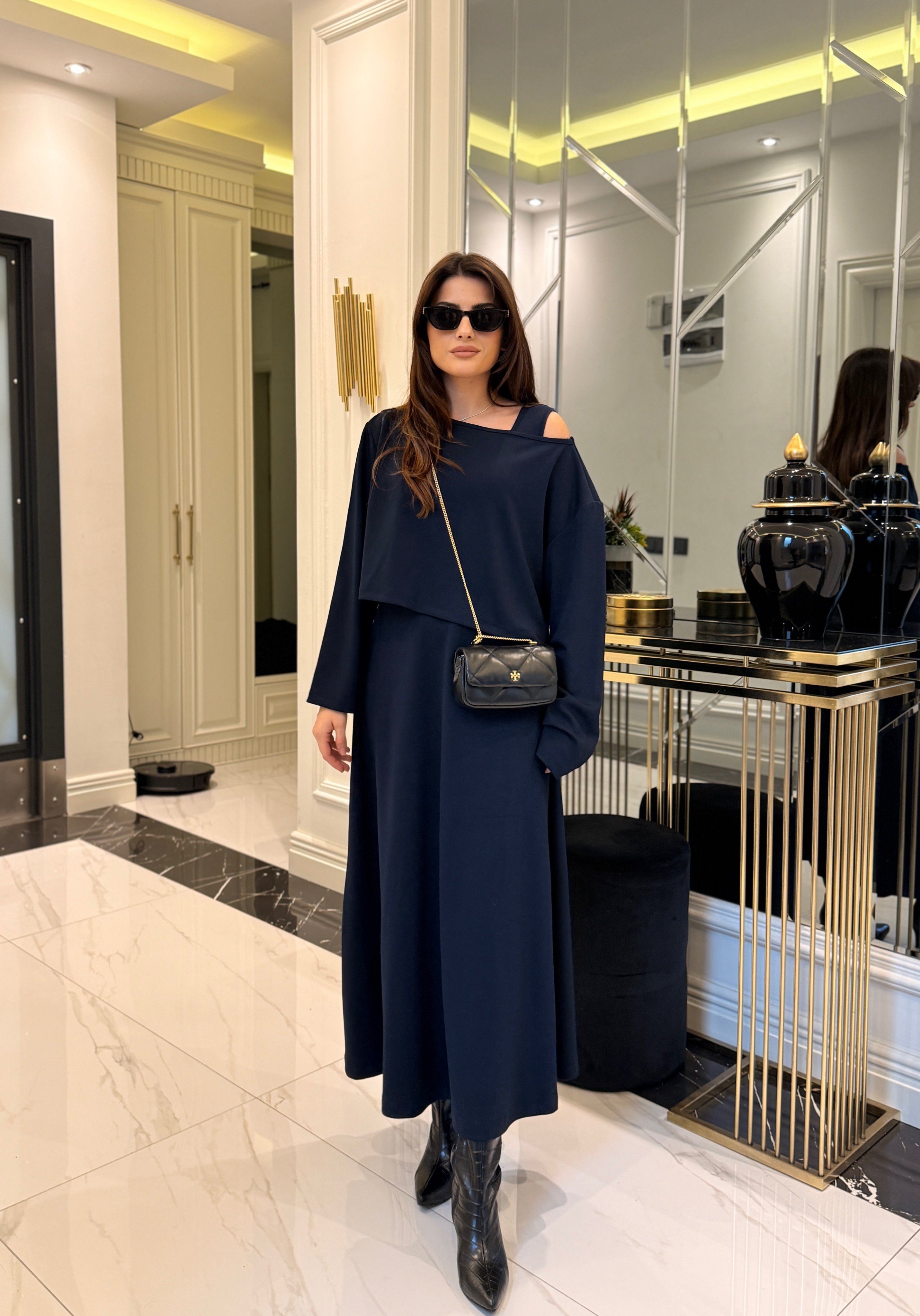 Lacivert Modal Askılı Elbise Crop Bluz Takım