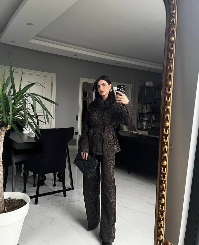 Leopar Desen Denim Takım