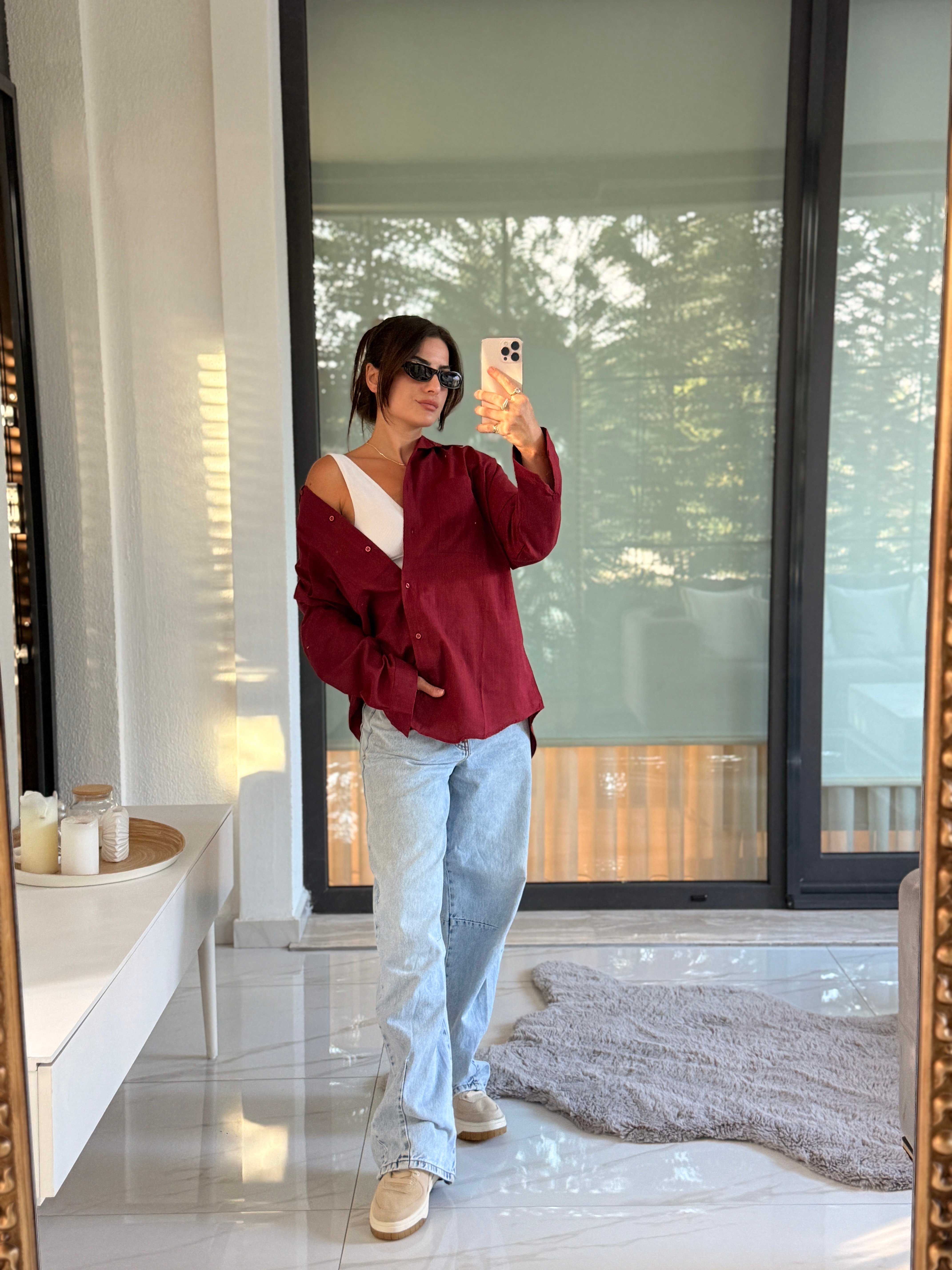 Oversize Bordo Keten Gömlek