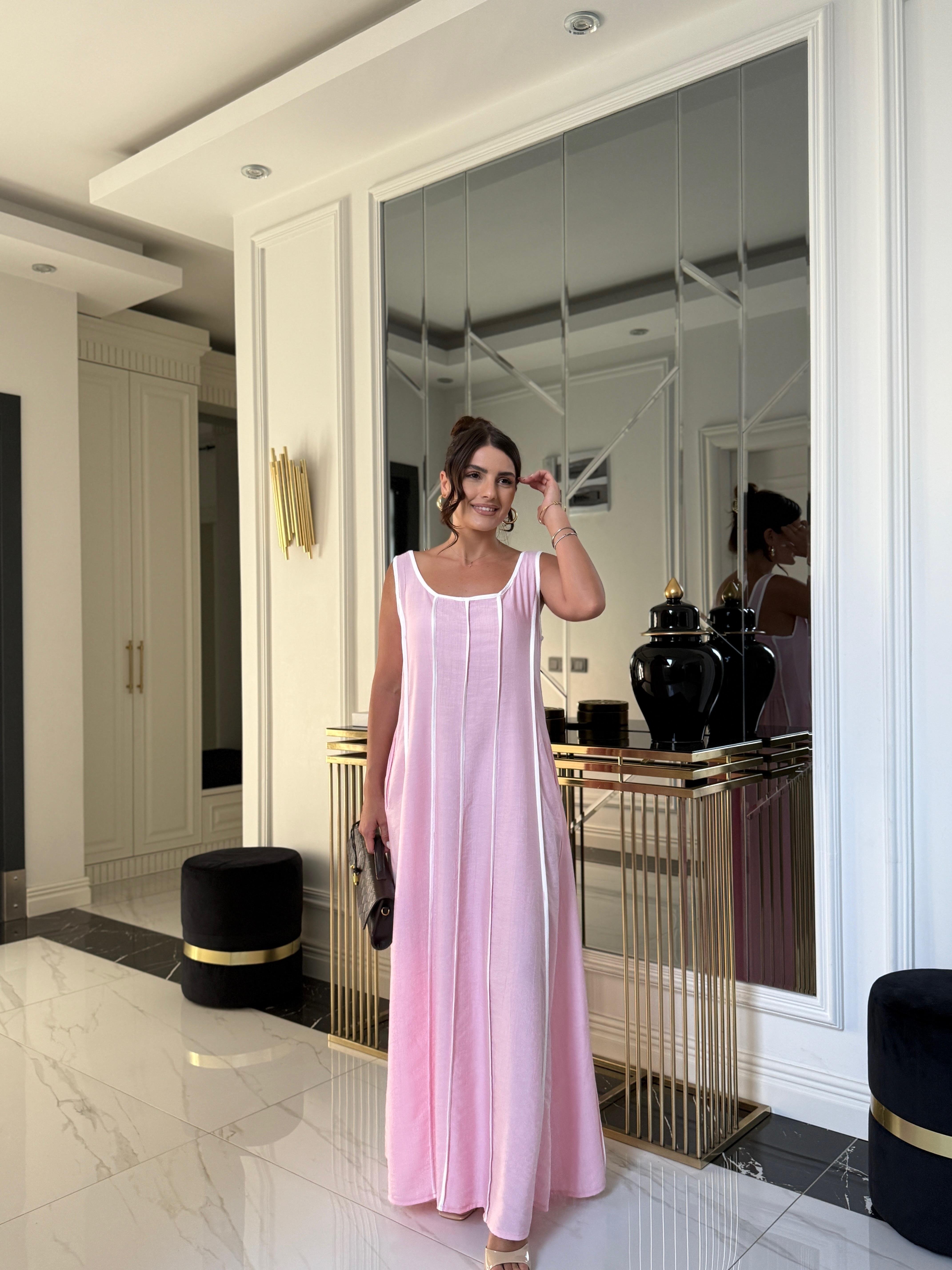 Pembe Biyeli Arkası Lastikli Elbise