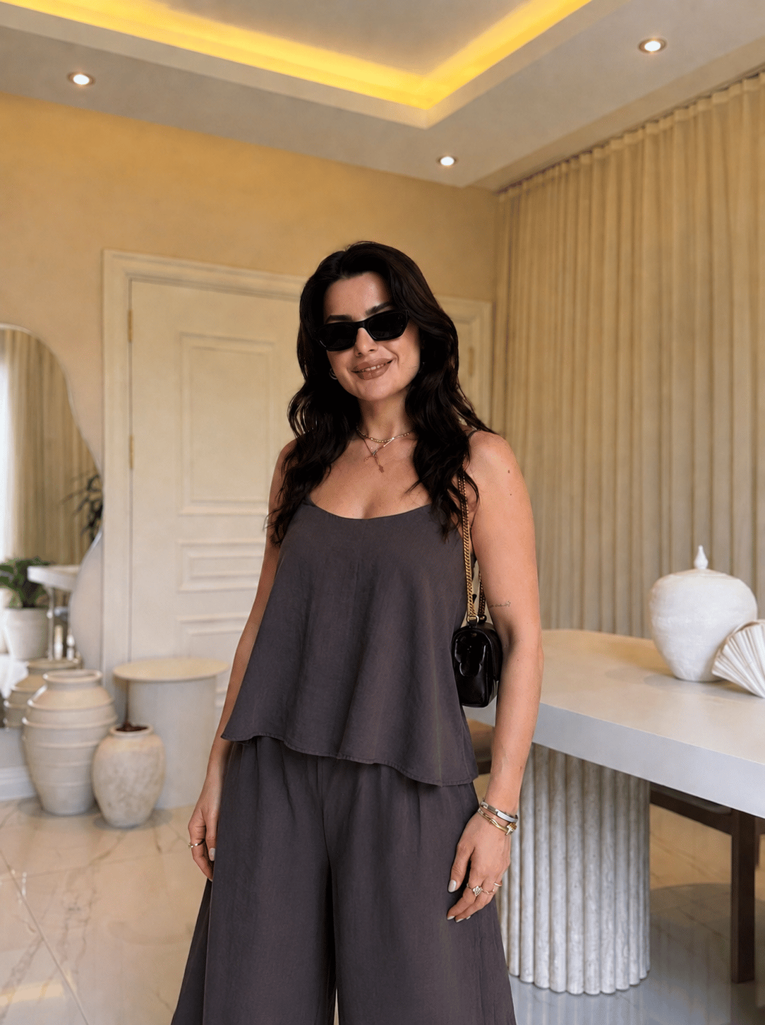 Silva Askılı Bluz Palazzo Takım-Kahve