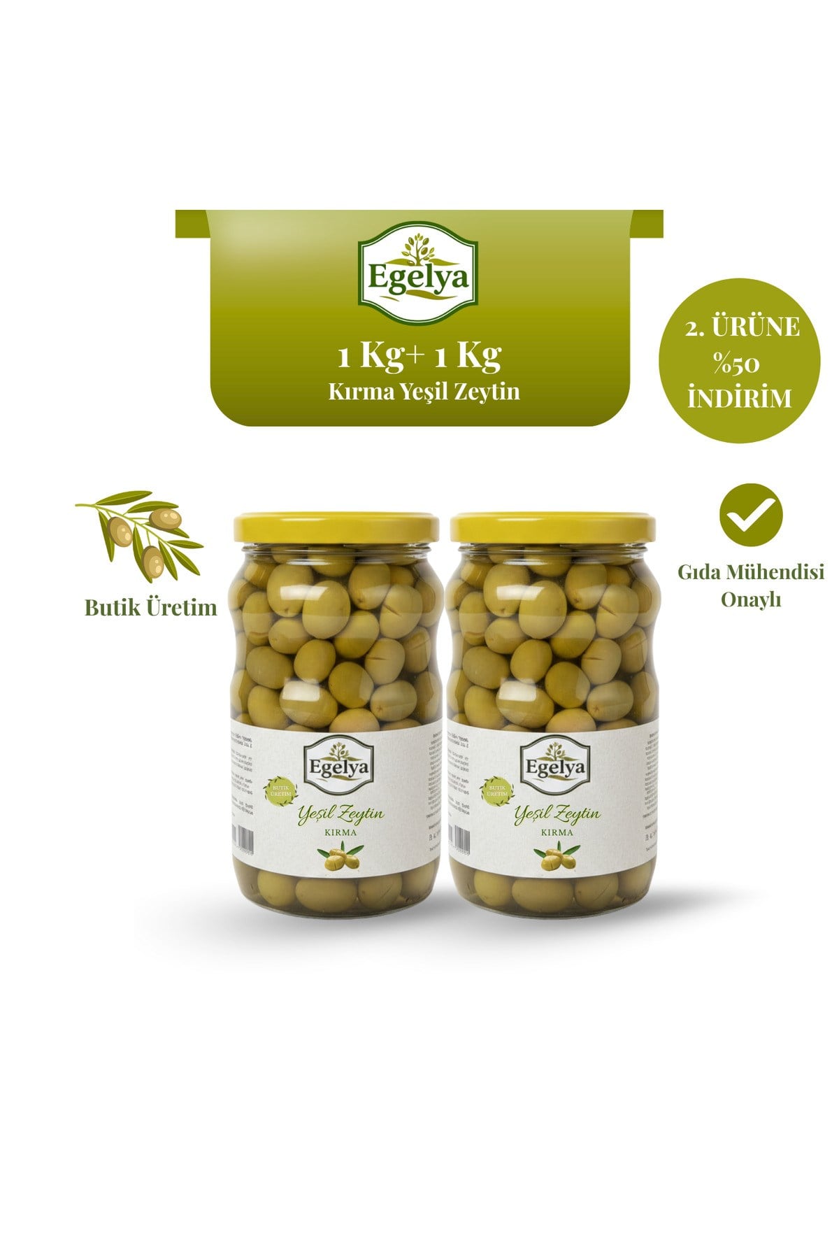 Akhisar Domat Kırma Yeşil Zeytin 1 Kg + 1 Kg Zeytin Paketi | Düşük Acılık, Dengeli Tuzlu