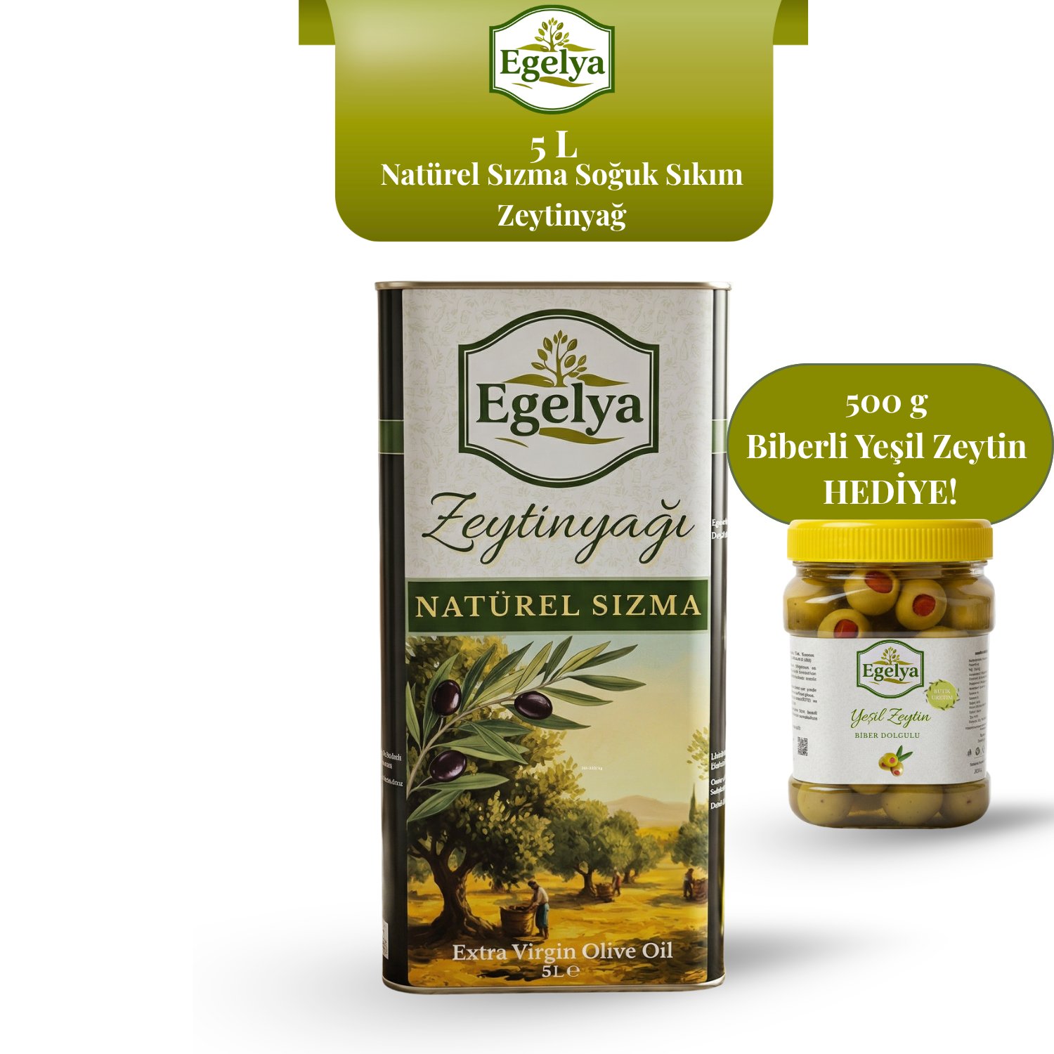 Natürel Sızma Zeytinyağı 5 L Teneke, 500 g Biberli Yeşil Zeytin Hediye