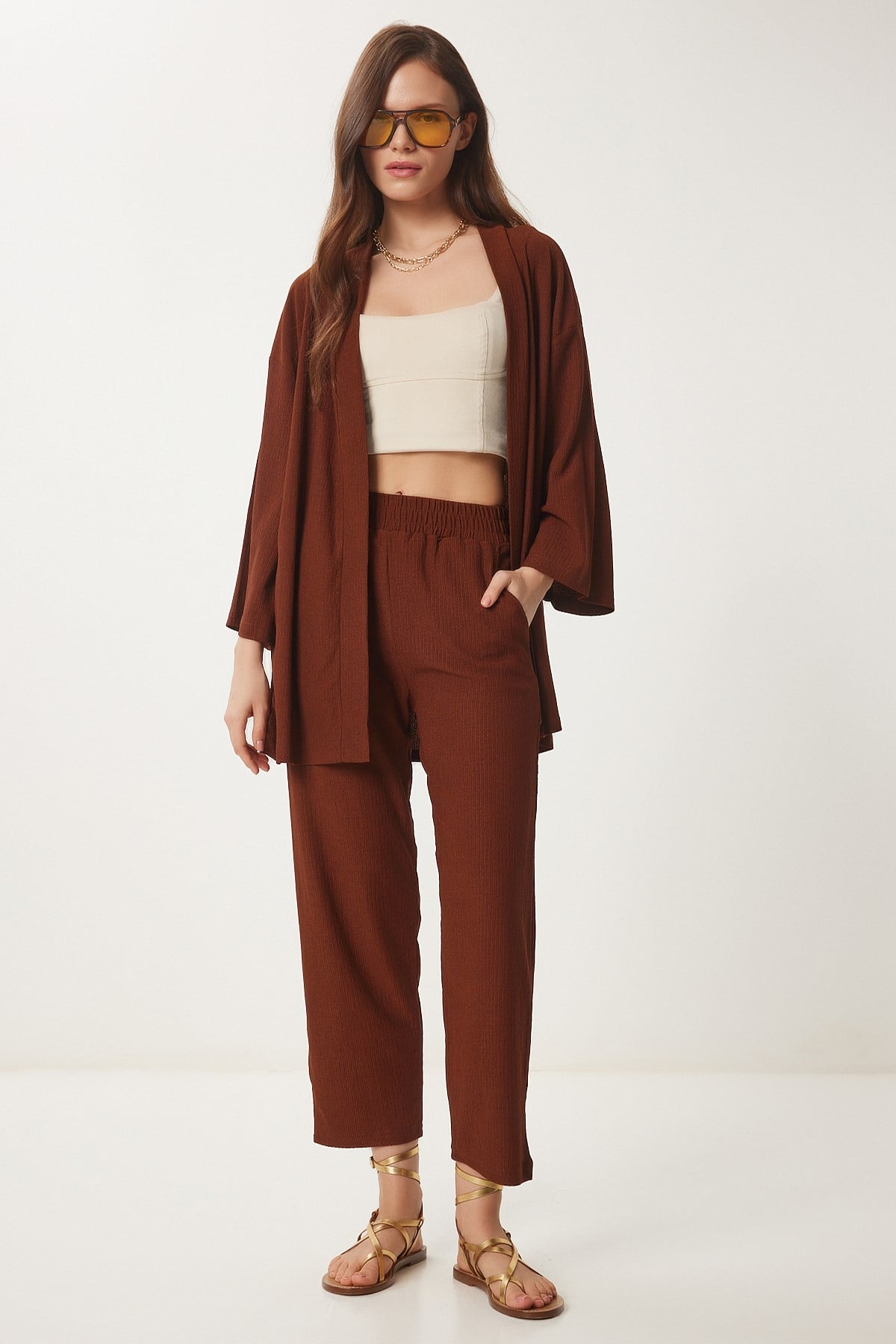 Kadın Kahverengi Kimono Pantolon Örme Takımı BY00050