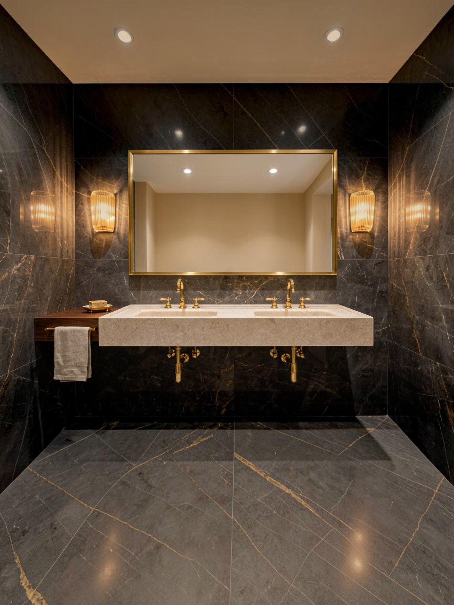 Doğal Bej Çift Hazneli Mermer Lavabo - AMSK26008