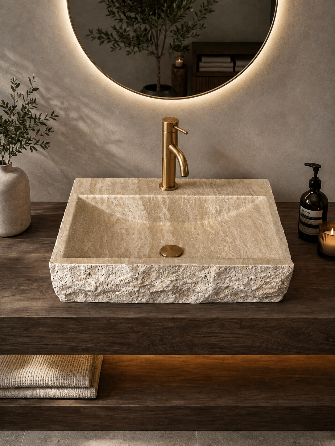Doğal Traverten Duvar Tipi Lavabo - AMSK26007