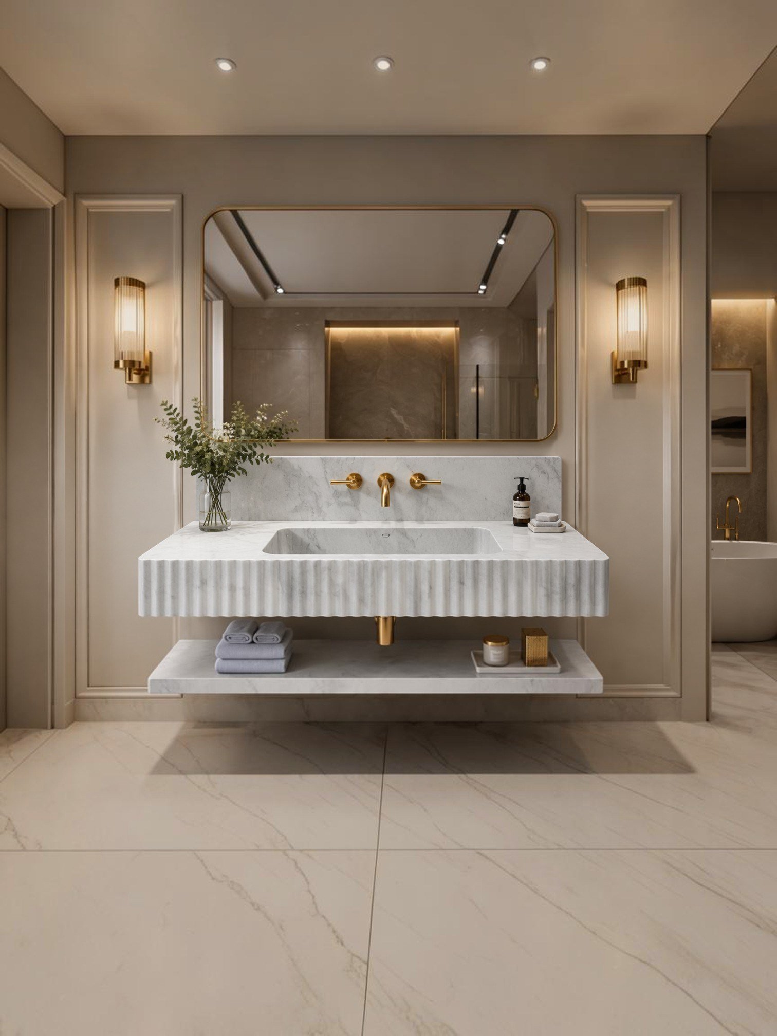 Oluklu Bianco Carrara Raflı Mermer Lavabo - AMSK26023