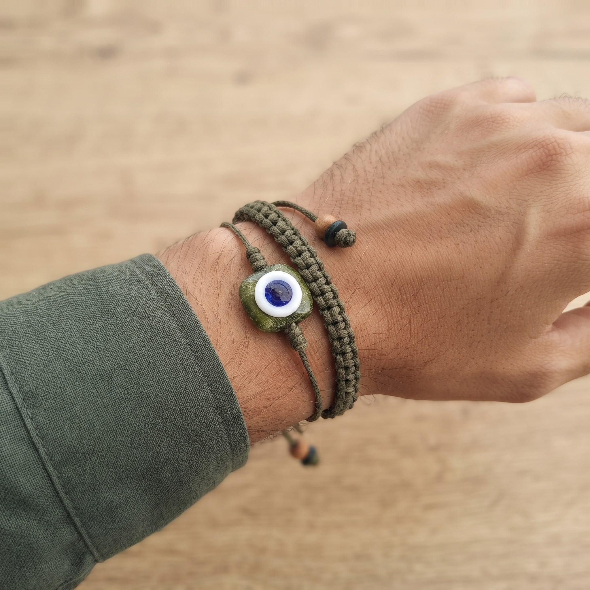 Alaçatı Haki Nazar Boncuğu Örgü 2'li Bileklik