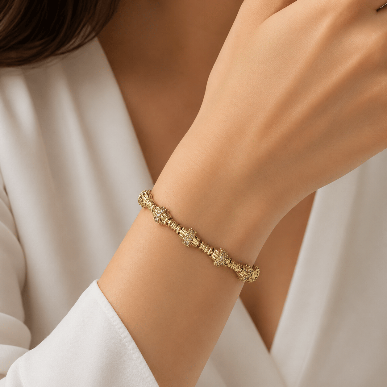 Textured Pave Link 14K VIP Kaplama Bileklik