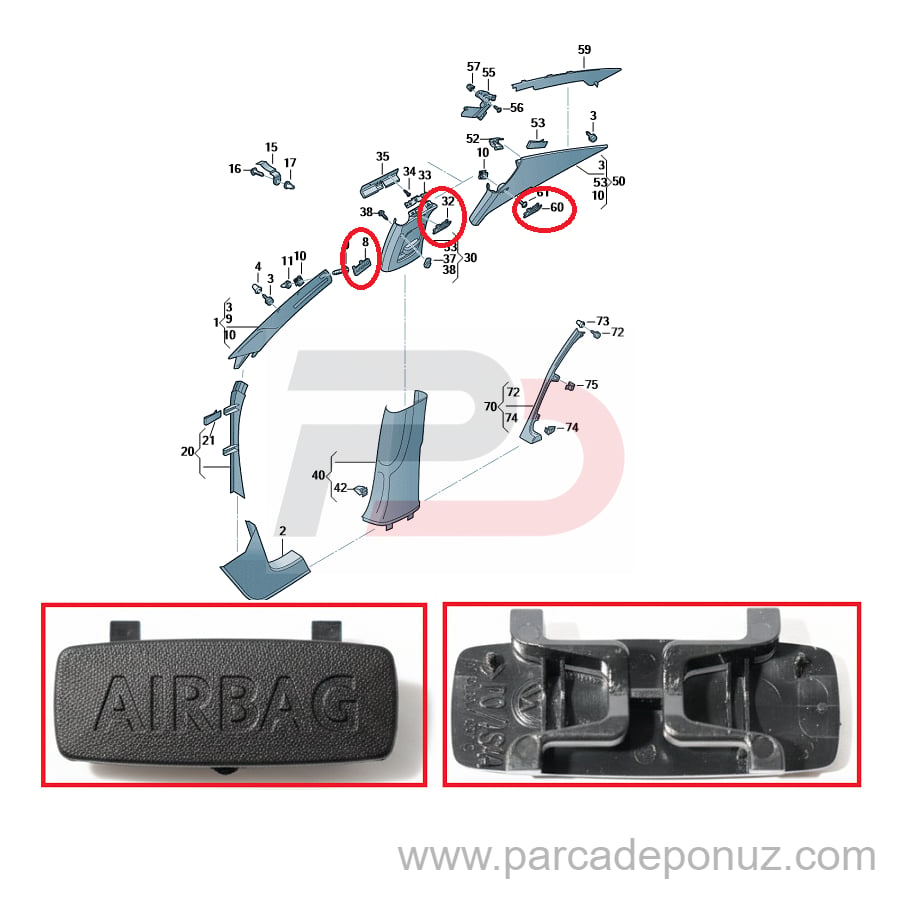 Passat (2011 - 2024) İle Uyumlu Direk Kaplaması Airbag Yazısı 3C0853437C 82V - 1K8853437 82V - 1K0853437B 82V - 5G0853437 82V