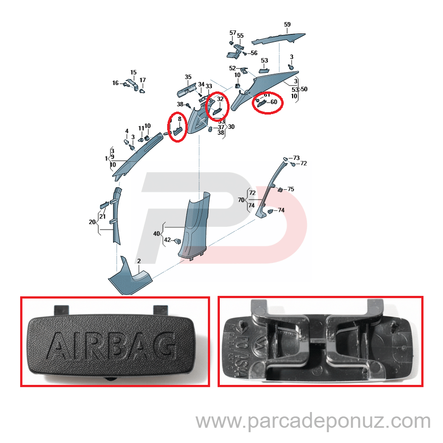 Passat (2011 - 2024) İle Uyumlu Direk Kaplaması Airbag Yazısı 3C0853437C 82V - 1K8853437 82V - 1K0853437B 82V - 5G0853437 82V