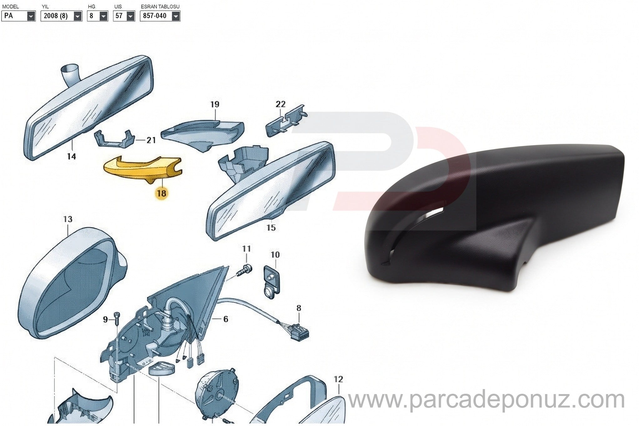 Passat B6 İç Dikiz Ayna Sensör Kapağı Sol Taraf 3C0858547 9B9 - 3C0 858 547 9B9