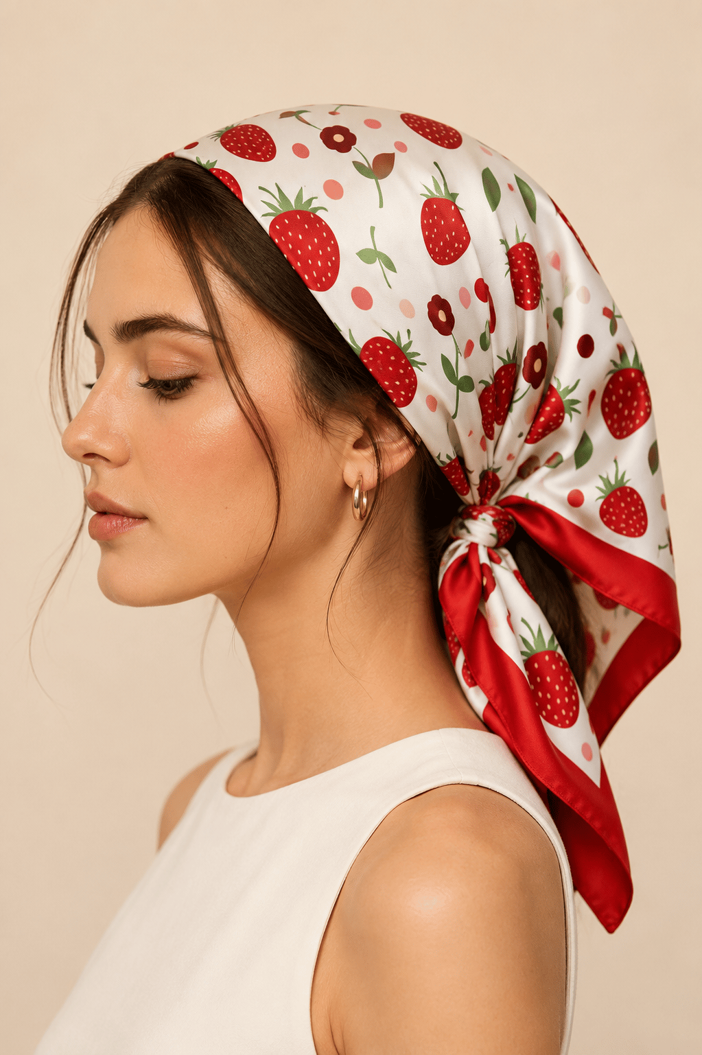 Kadın Çilek Desenli Saten Fular Bandana 56x56 cm - Kırmızı